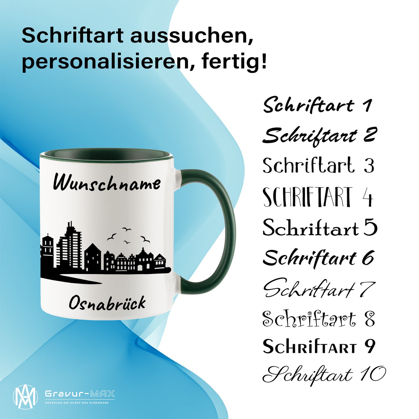 Tasse in Dunkelgrün 330ml bedruckt mit der Skyline von Osnabrück personalisierbar mit Wunschname