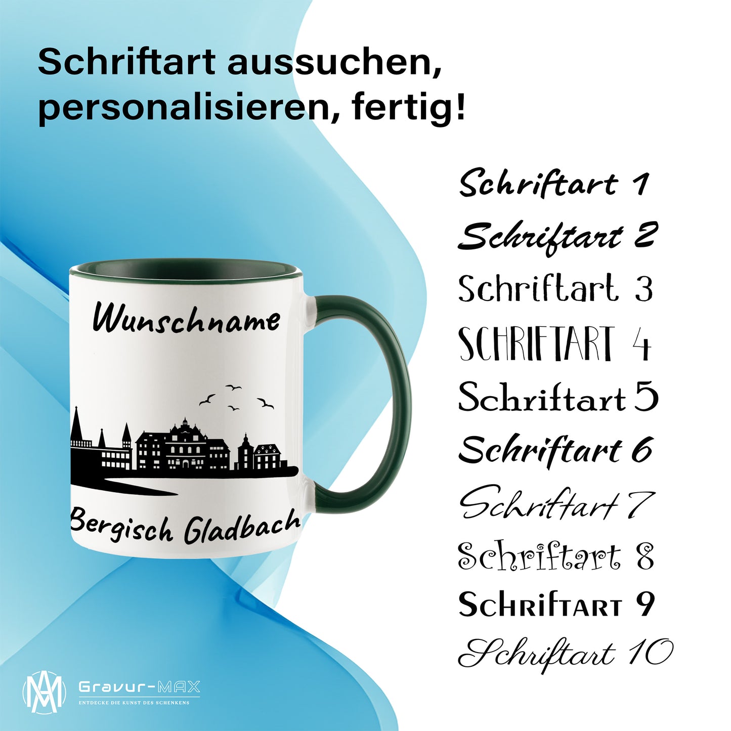 Tasse in Dunkelgrün 330ml bedruckt mit der Skyline von Bergisch Gladbach personalisierbar mit Wunschname