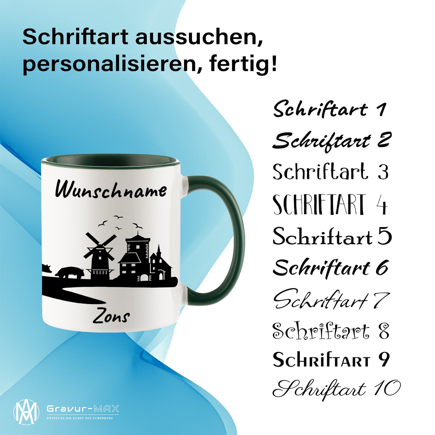 Tasse in Dunkelgrün 330ml bedruckt mit der Skyline von Zons (Dormagen) personalisierbar mit Wunschname