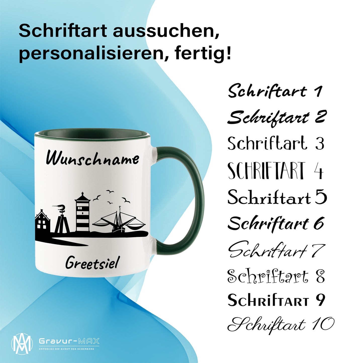 Tasse in Dunkelgrün 330ml bedruckt mit der Skyline von Greetsiel personalisierbar mit Wunschname