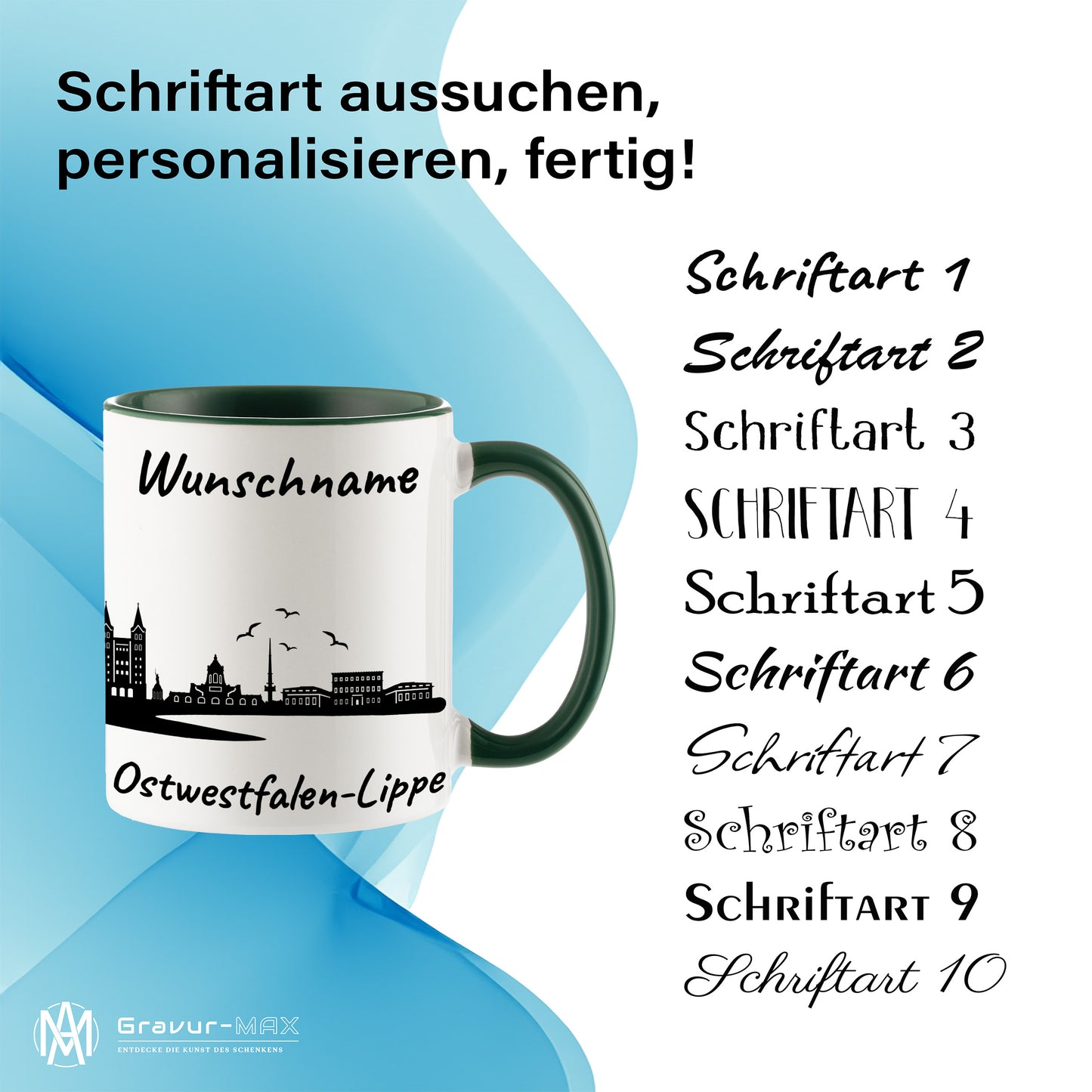 Tasse in Dunkelgrün 330ml bedruckt mit der Skyline von Ostwestfalen-Lippe personalisierbar mit Wunschname
