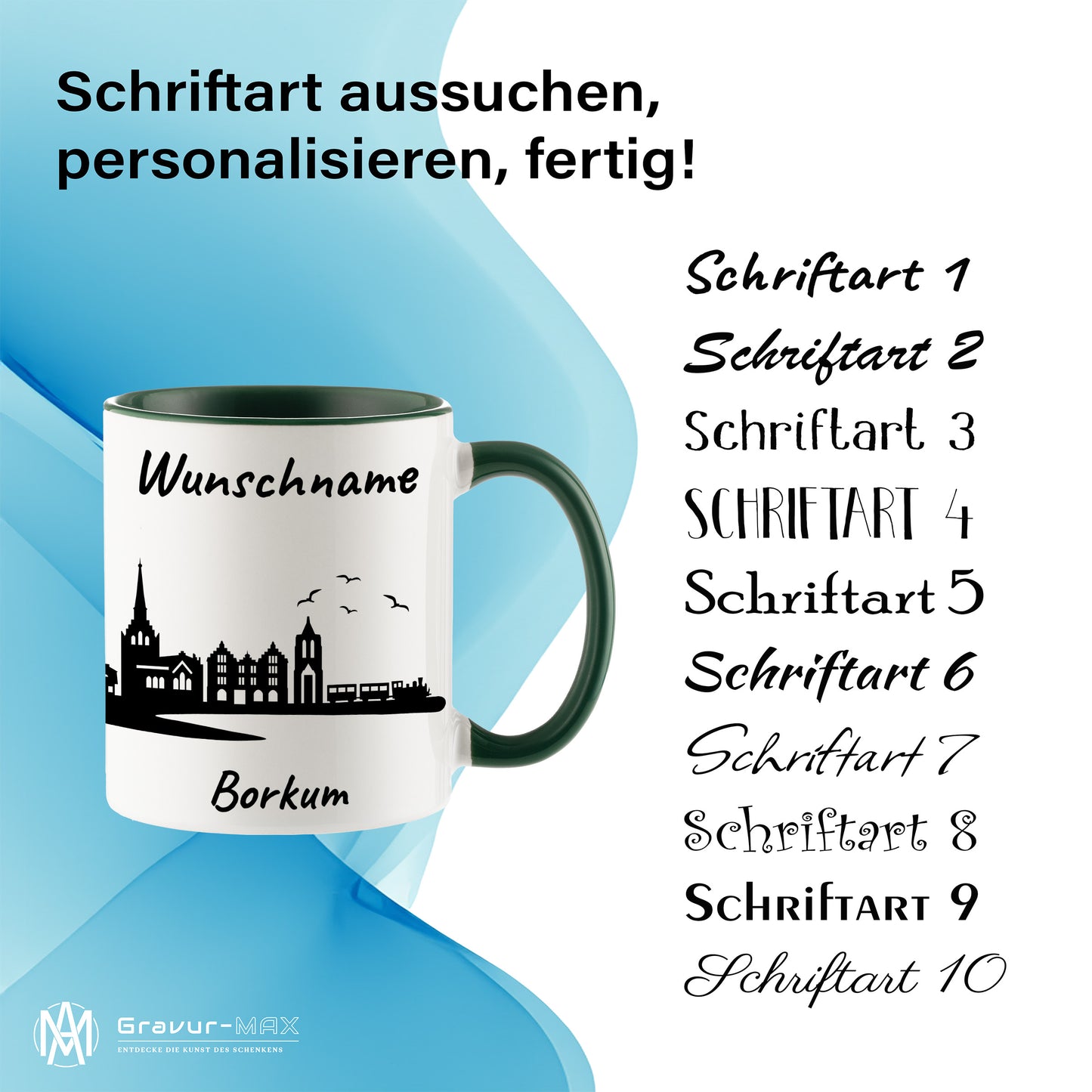 Tasse in Dunkelgrün 330ml bedruckt mit der Skyline von Borkum personalisierbar mit Wunschname