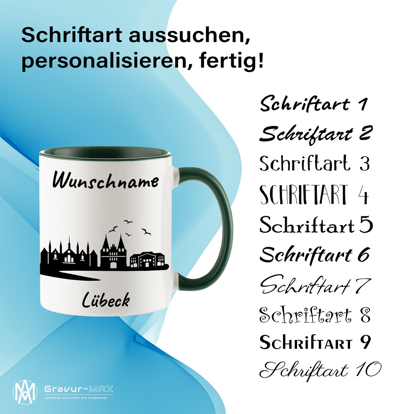 Tasse in Dunkelgrün 330ml bedruckt mit der Skyline von Lübeck personalisierbar mit Wunschname