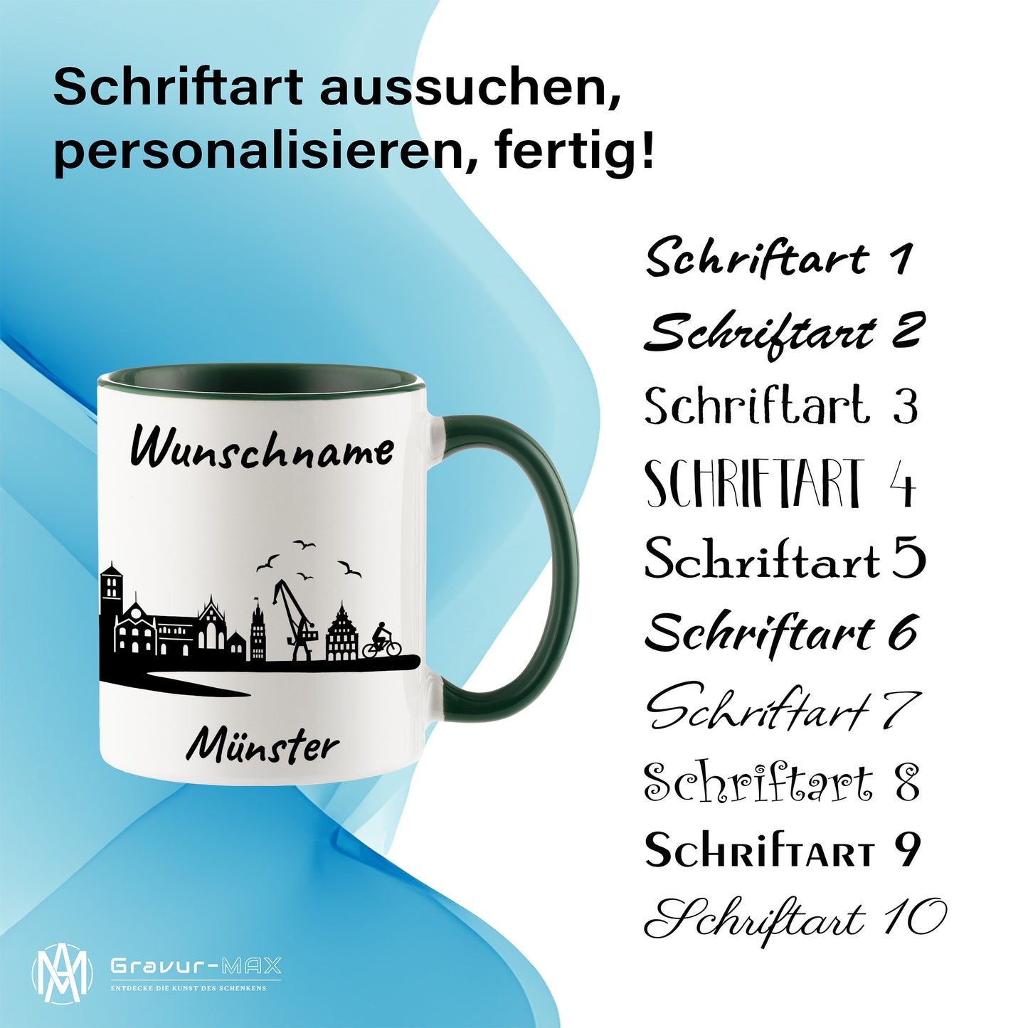 Tasse in Dunkelgrün 330ml bedruckt mit der Skyline von Münster personalisierbar mit Wunschname