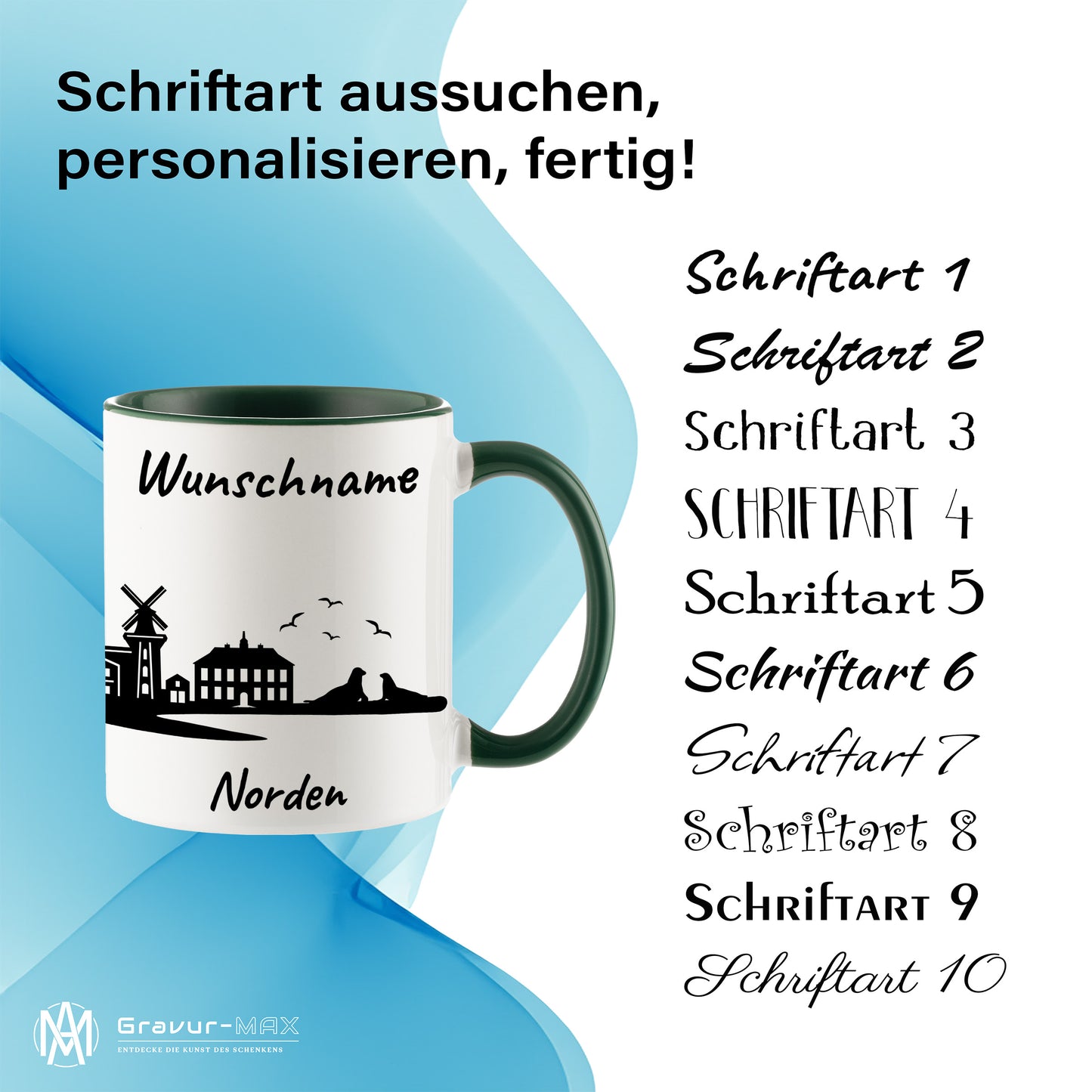 Tasse in Dunkelgrün 330ml bedruckt mit der Skyline von Norden personalisierbar mit Wunschname