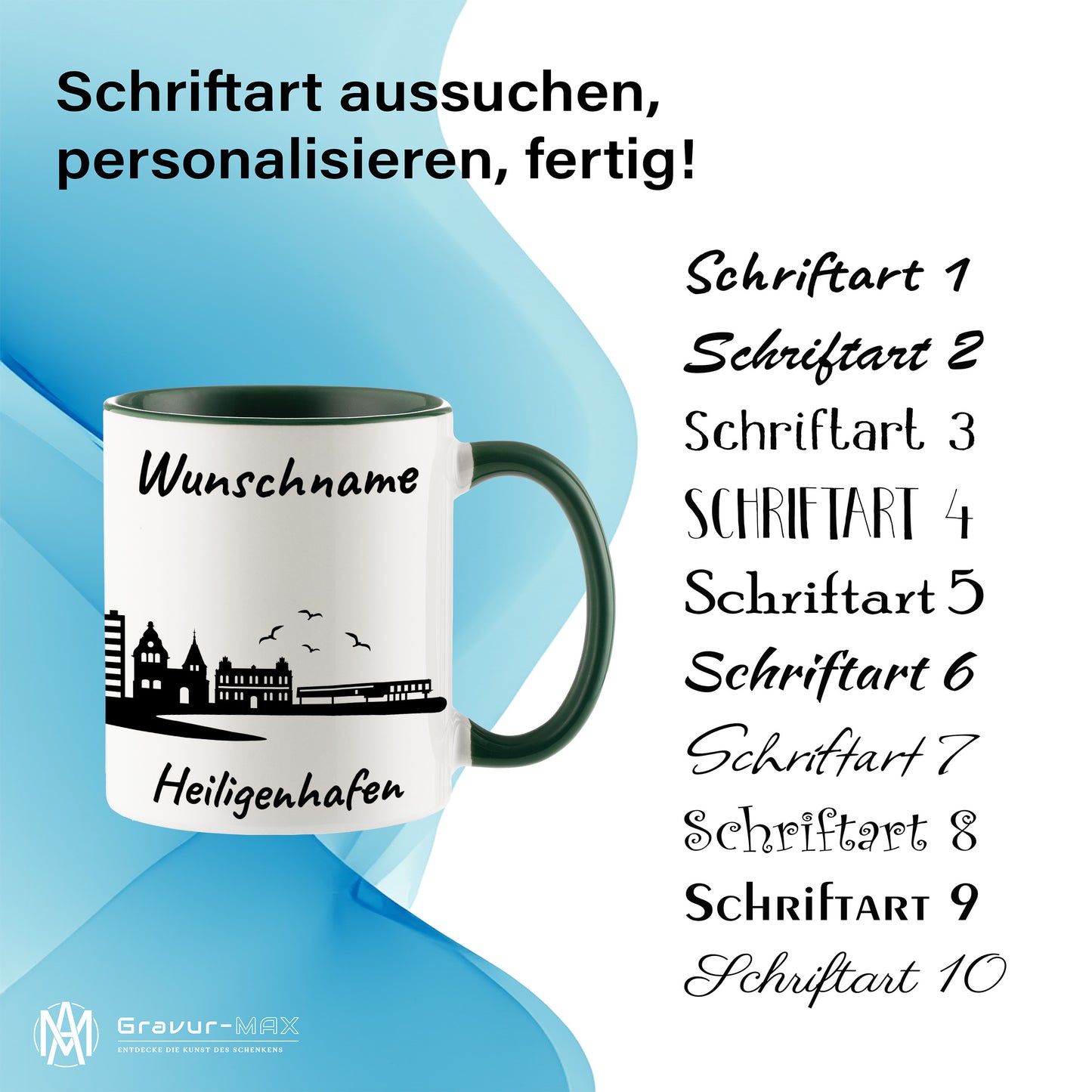 Tasse in Dunkelgrün 330ml bedruckt mit der Skyline von Heiligenhafen personalisierbar mit Wunschname