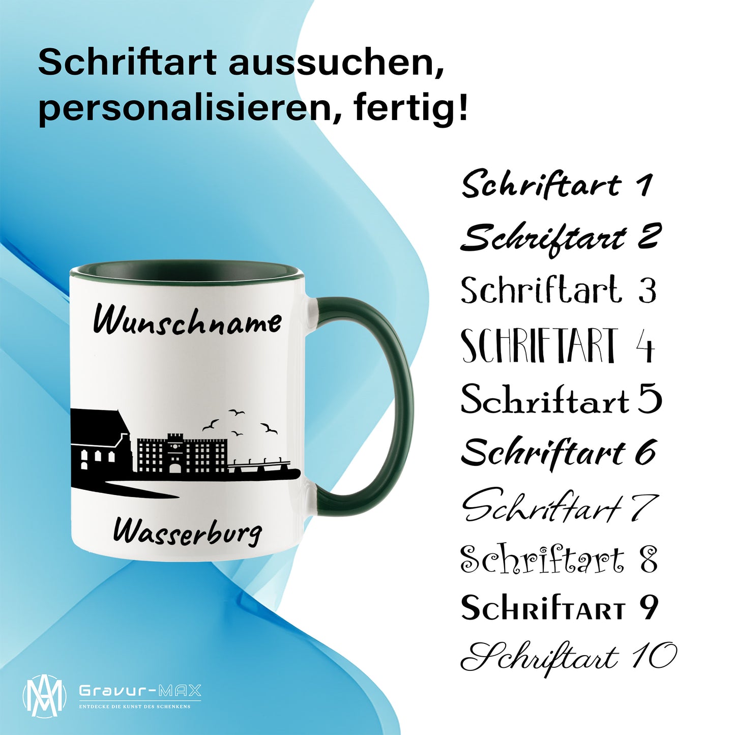 Tasse in Dunkelgrün 330ml bedruckt mit der Skyline von Wasserburg personalisierbar mit Wunschname