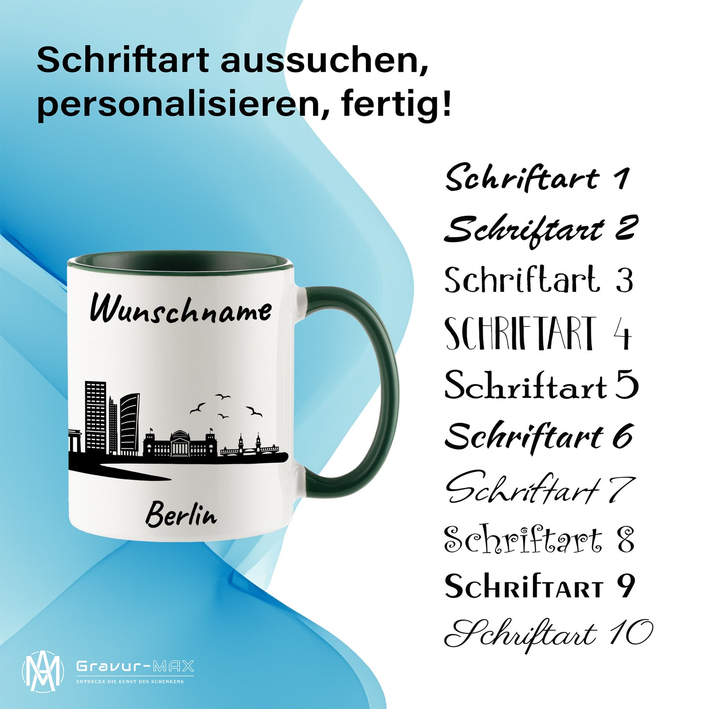 Tasse in Dunkelgrün 330ml bedruckt mit der Skyline von Berlin personalisierbar mit Wunschname
