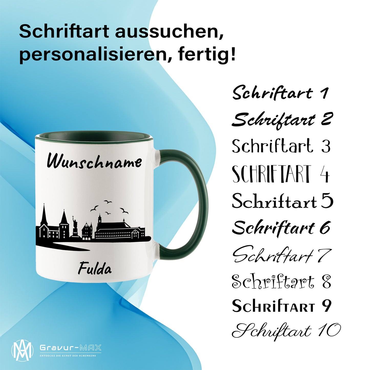 Tasse in Dunkelgrün 330ml bedruckt mit der Skyline von Fulda personalisierbar mit Wunschname