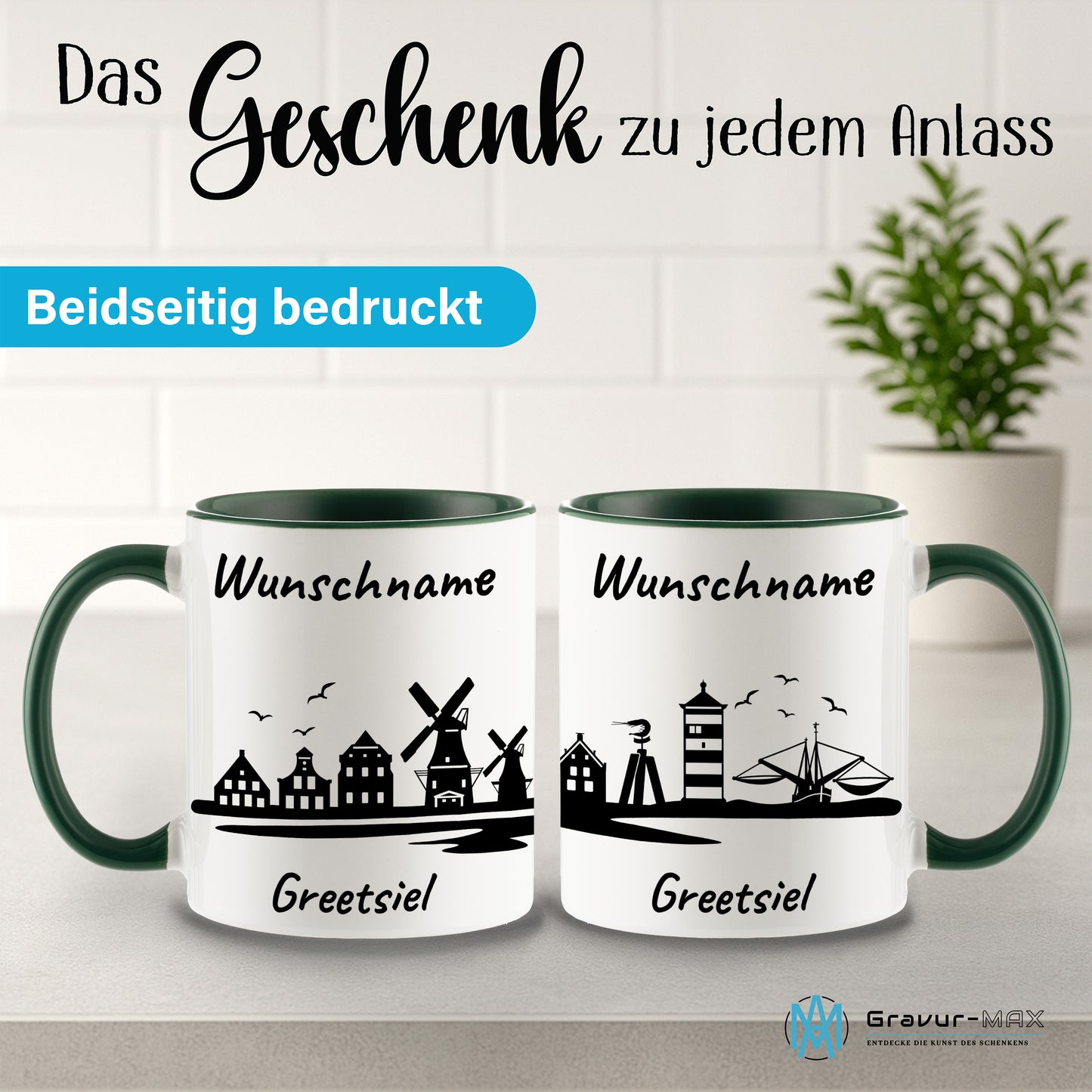 Tasse in Dunkelgrün 330ml bedruckt mit der Skyline von Greetsiel personalisierbar mit Wunschname