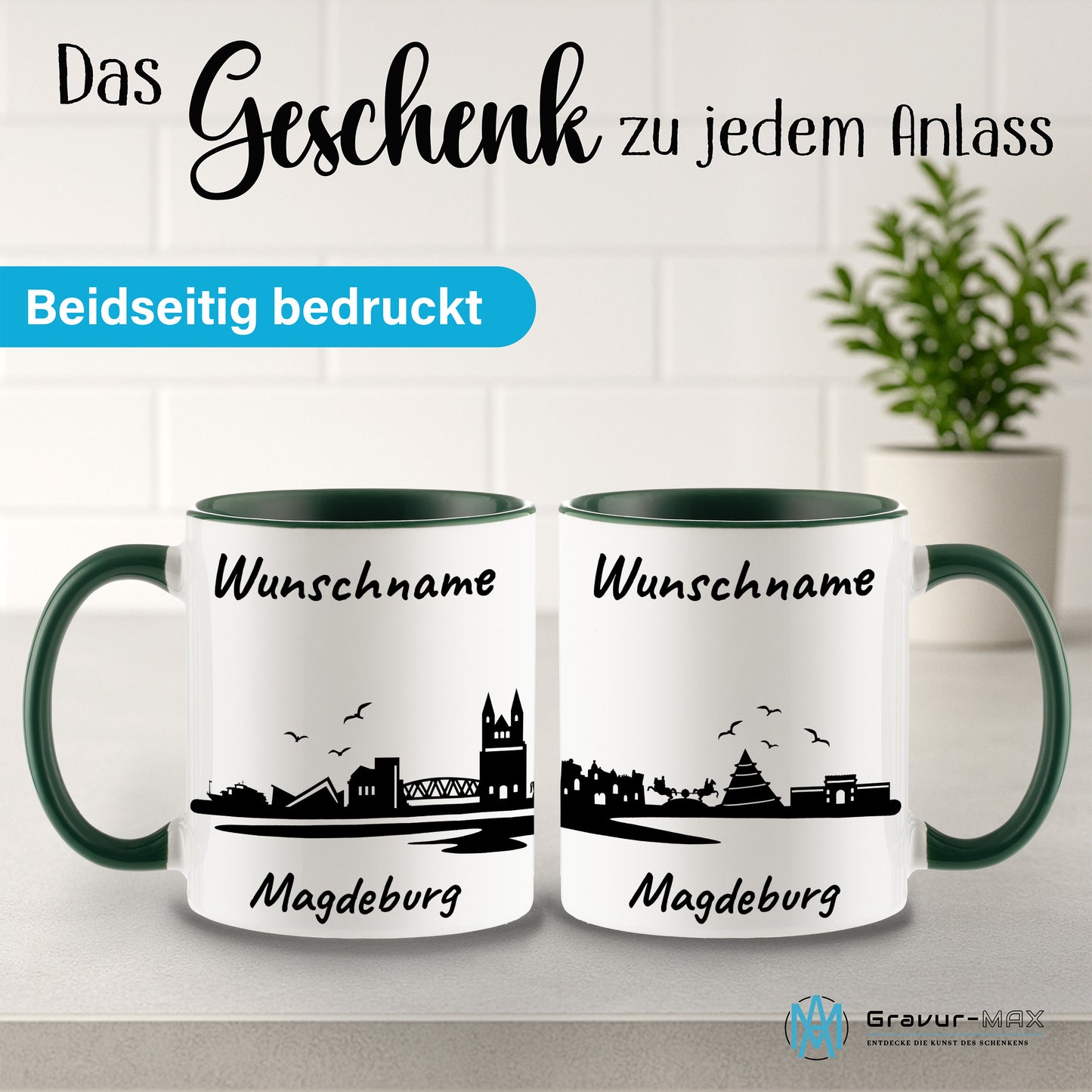Tasse in Dunkelgrün 330ml bedruckt mit der Skyline von Magdeburg personalisierbar mit Wunschname
