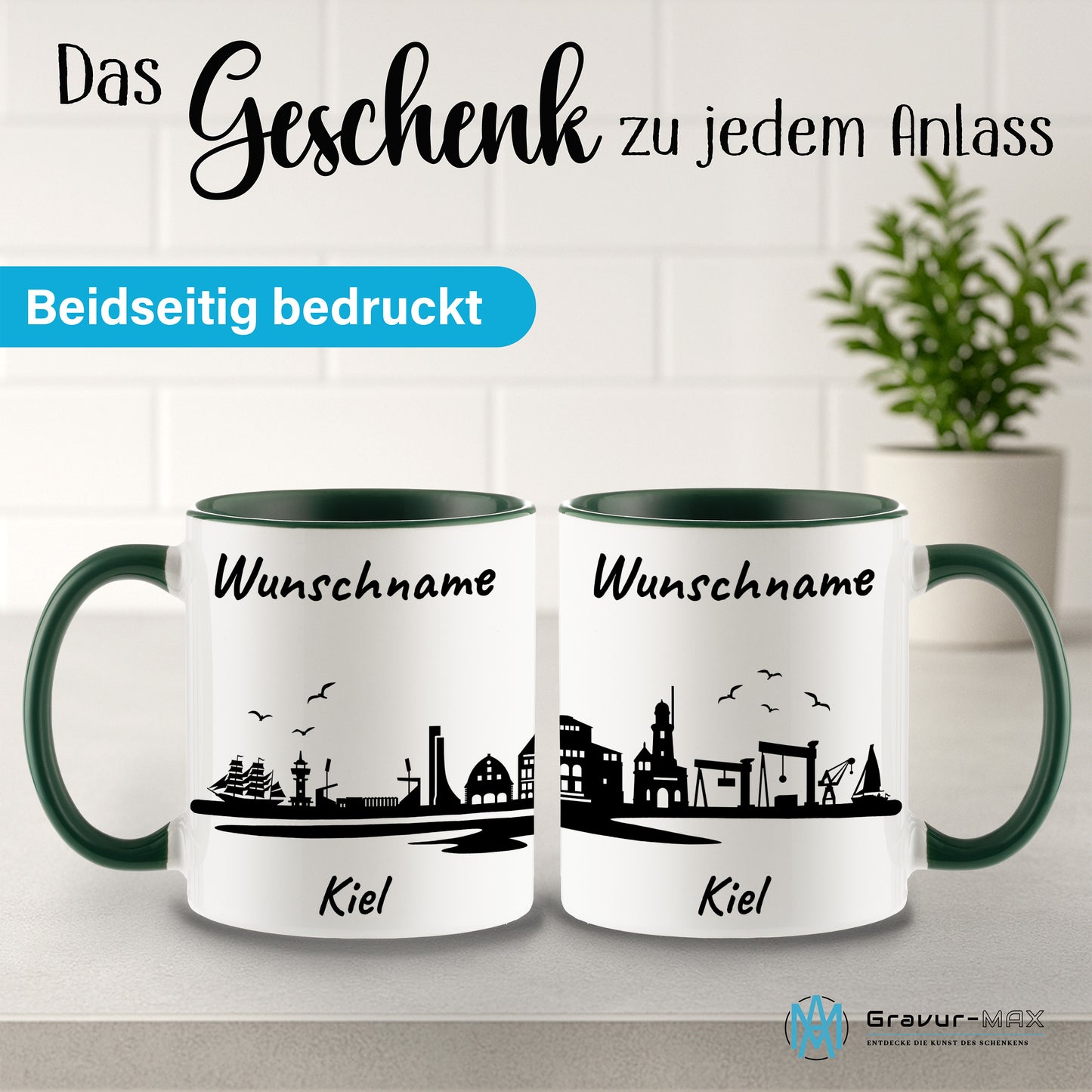 Tasse in Dunkelgrün 330ml bedruckt mit der Skyline von Kiel personalisierbar mit Wunschname