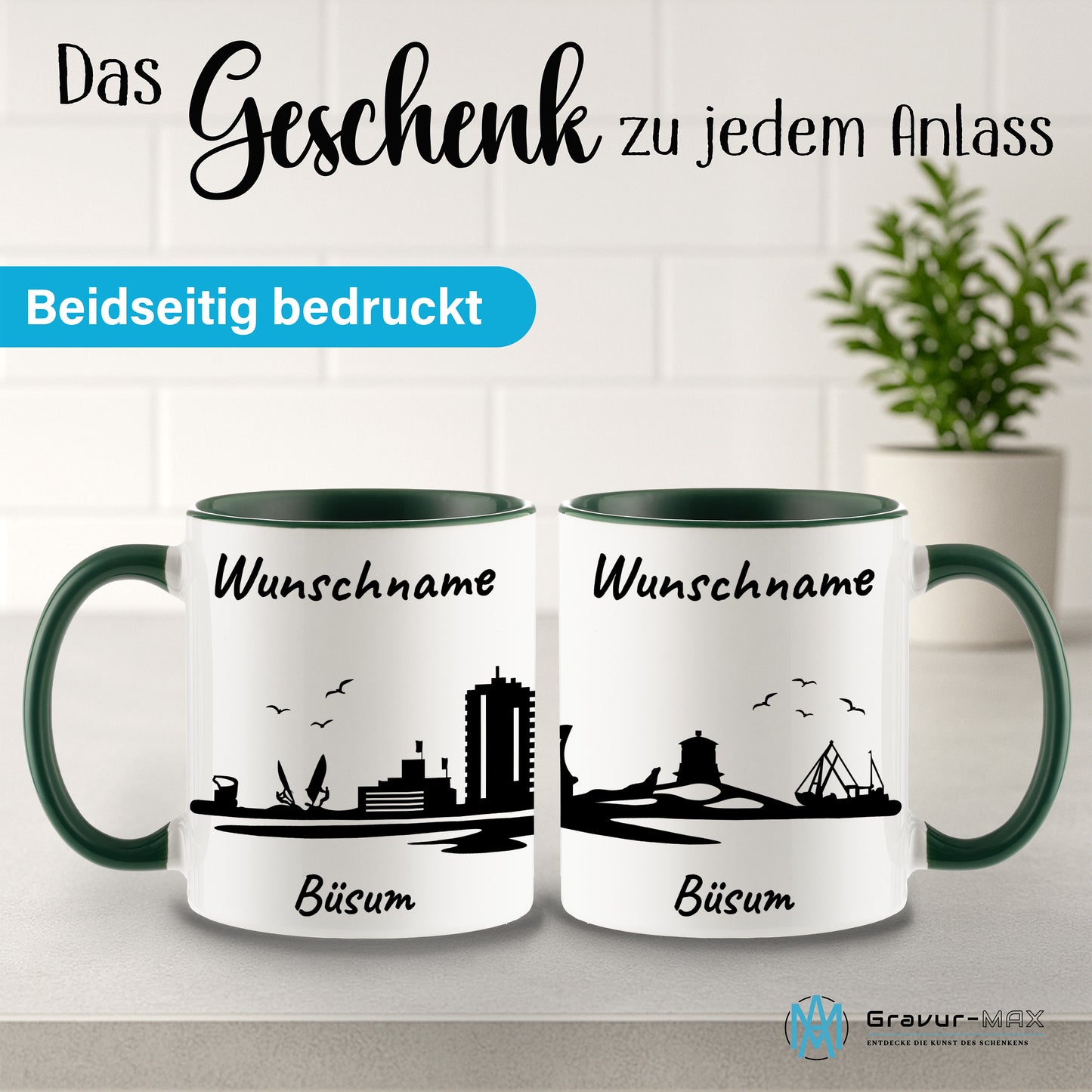 Tasse in Dunkelgrün 330ml bedruckt mit der Skyline von Büsum personalisierbar mit Wunschname
