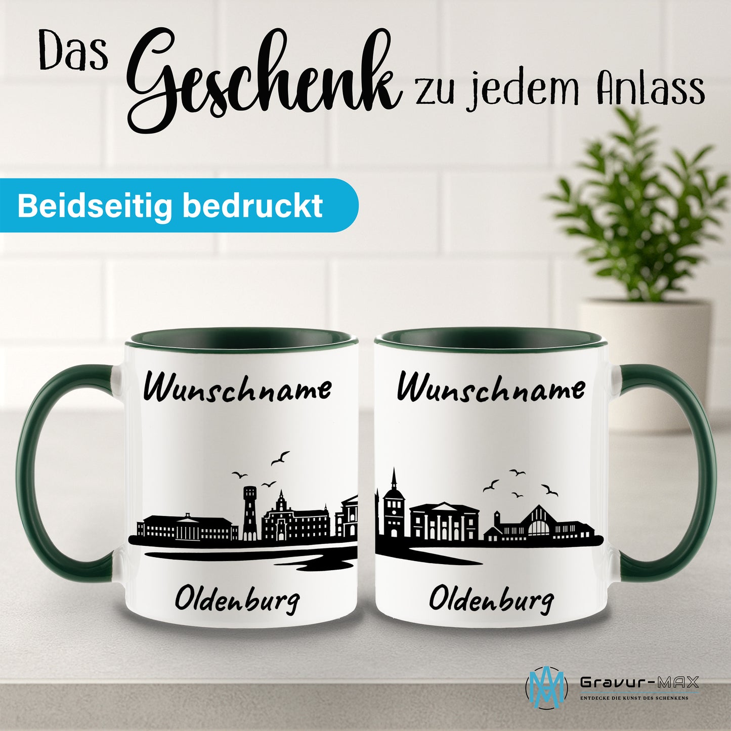 Tasse in Dunkelgrün 330ml bedruckt mit der Skyline von Oldenburg personalisierbar mit Wunschname