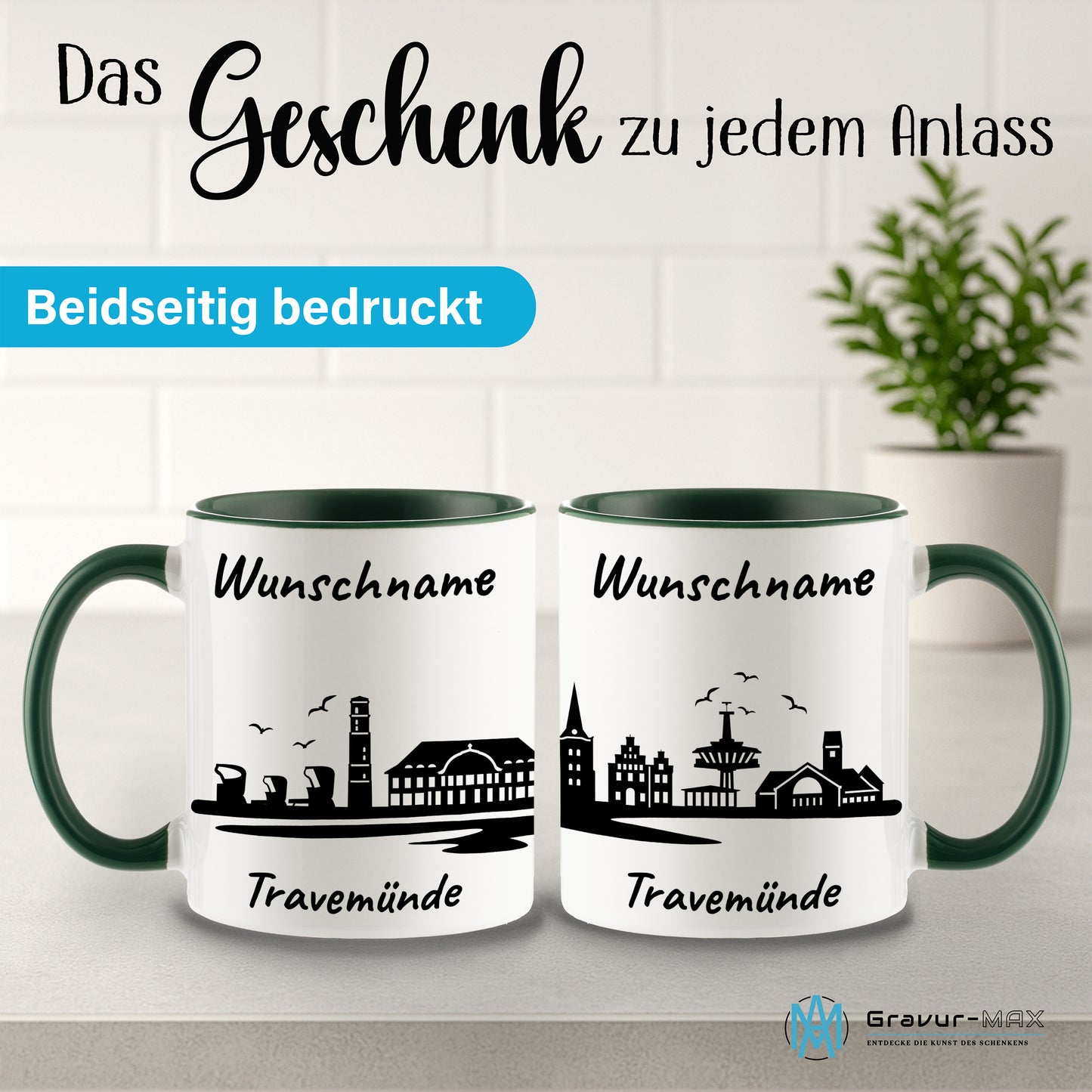 Tasse in Dunkelgrün 330ml bedruckt mit der Skyline von Travemünde personalisierbar mit Wunschname