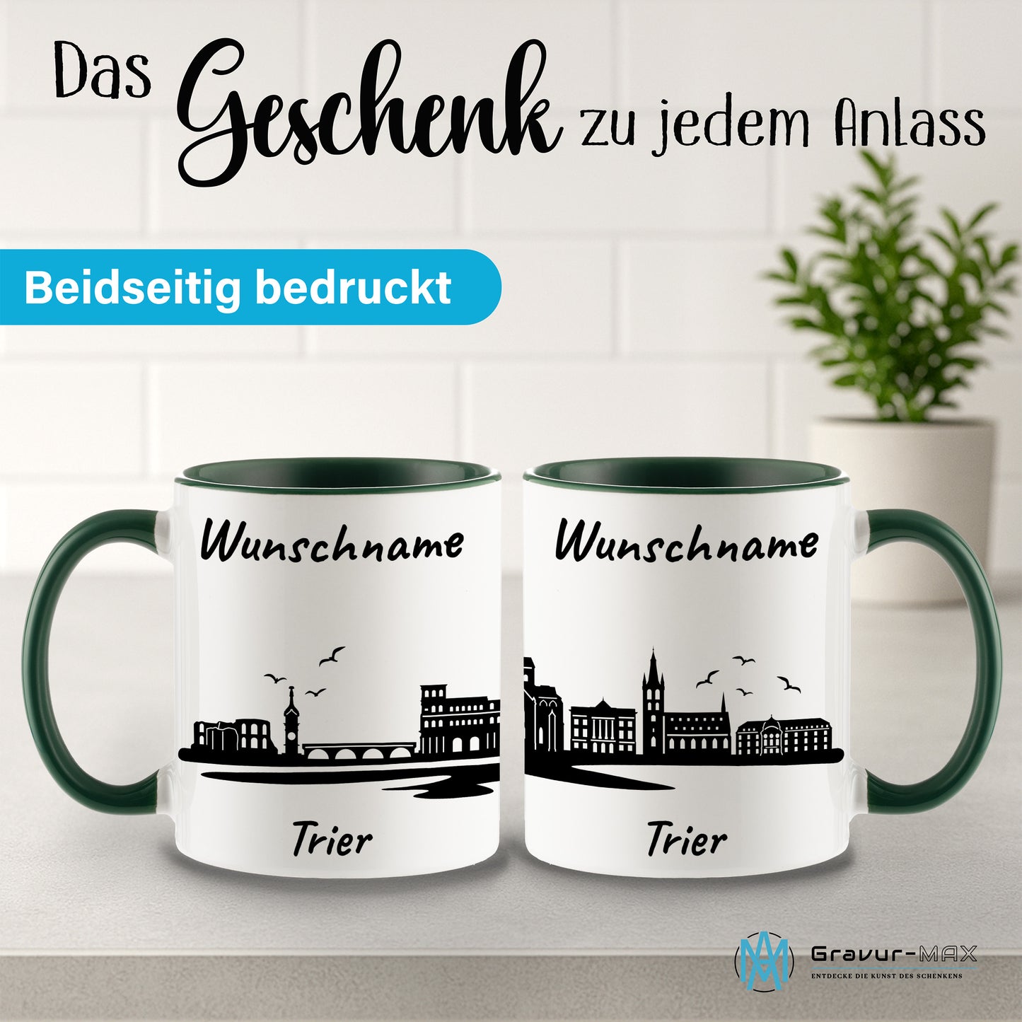 Tasse in Dunkelgrün 330ml bedruckt mit der Skyline von Trier personalisierbar mit Wunschname