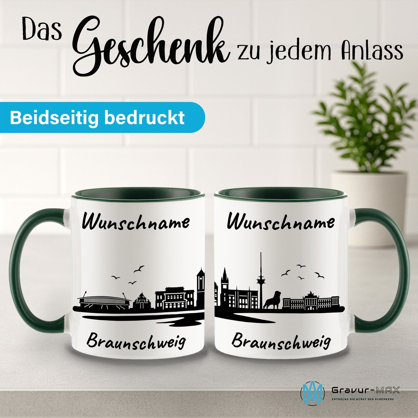 Tasse in Dunkelgrün 330ml bedruckt mit der Skyline von Braunschweig personalisierbar mit Wunschname
