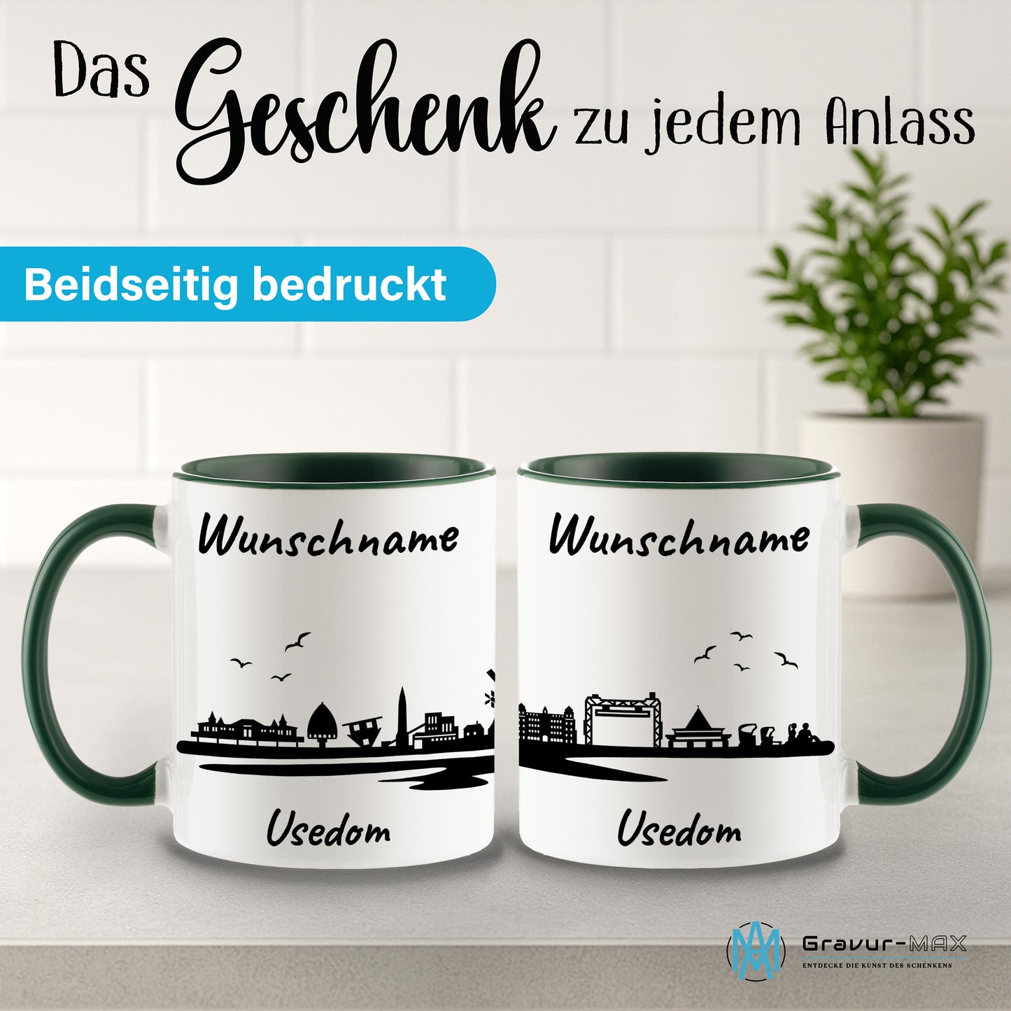 Tasse in Dunkelgrün 330ml bedruckt mit der Skyline von Usedom personalisierbar mit Wunschname
