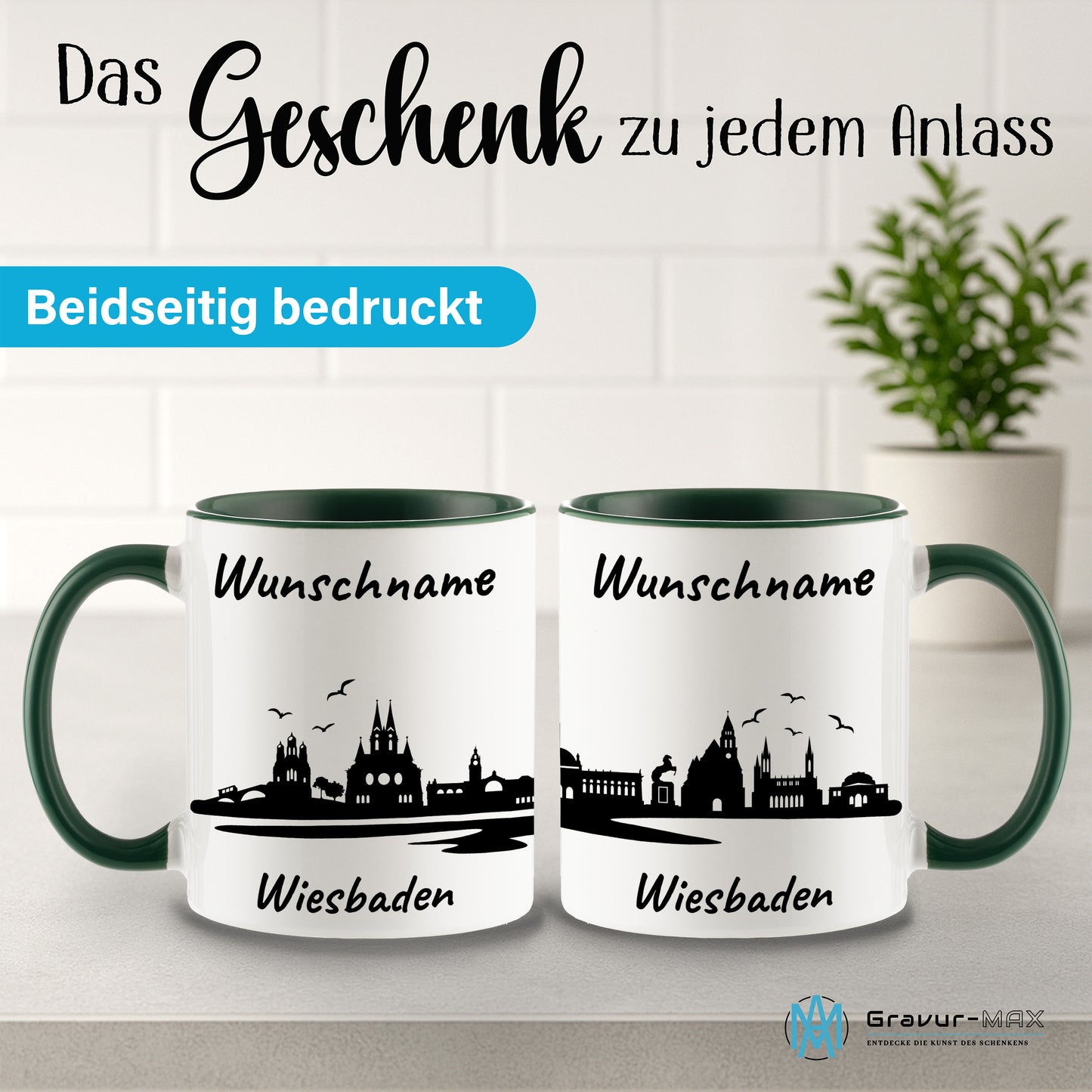 Tasse in Dunkelgrün 330ml bedruckt mit der Skyline von Wiesbaden personalisierbar mit Wunschname