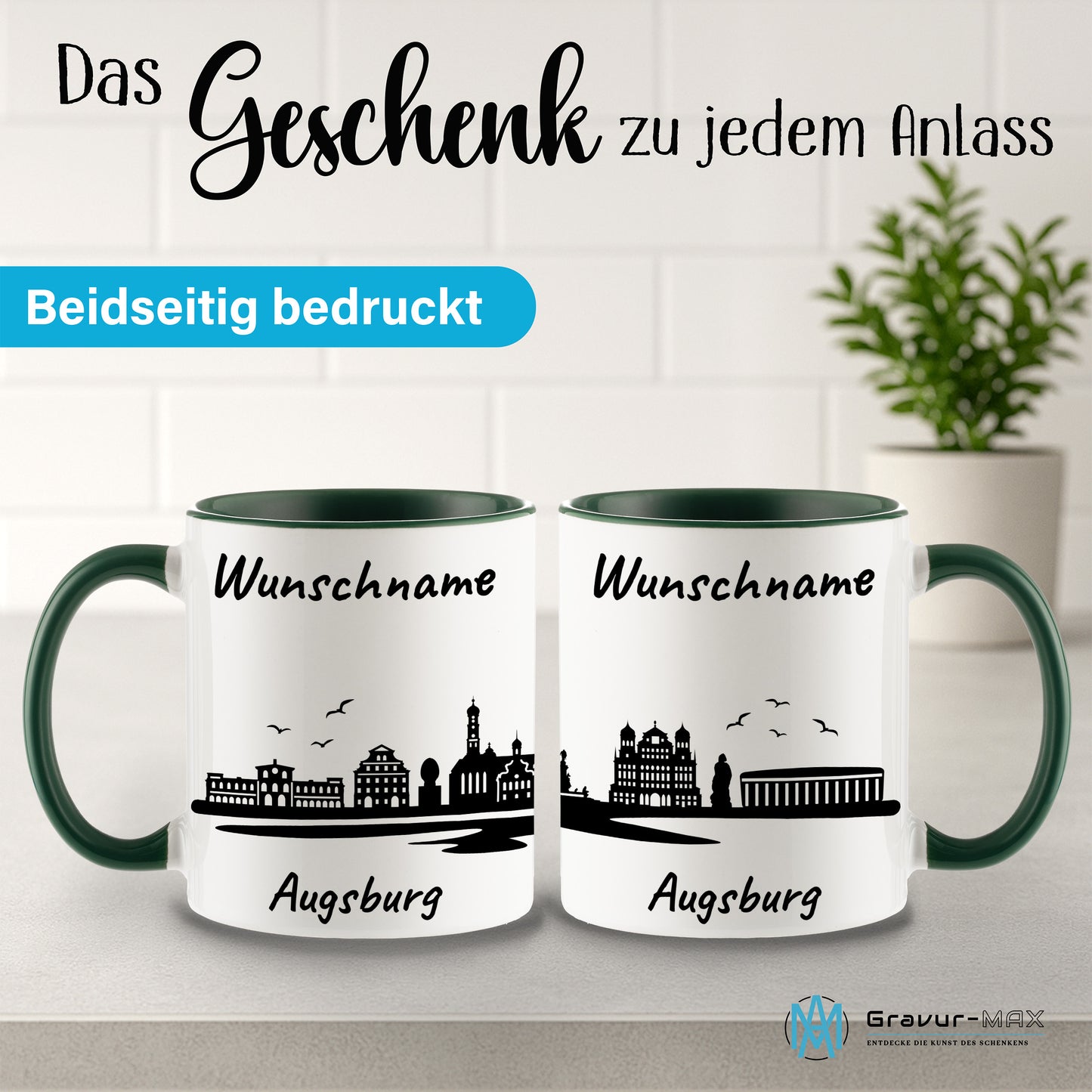 Tasse in Dunkelgrün 330ml bedruckt mit der Skyline von Augsburg personalisierbar mit Wunschname