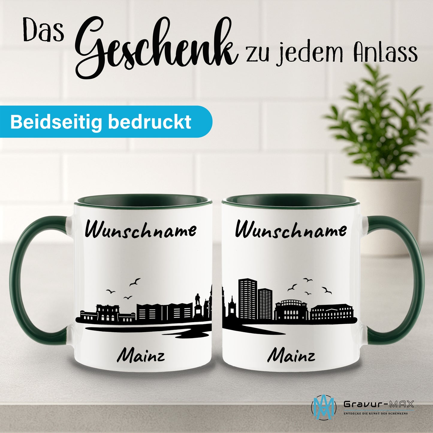 Tasse in Dunkelgrün 330ml bedruckt mit der Skyline von Mainz personalisierbar mit Wunschname