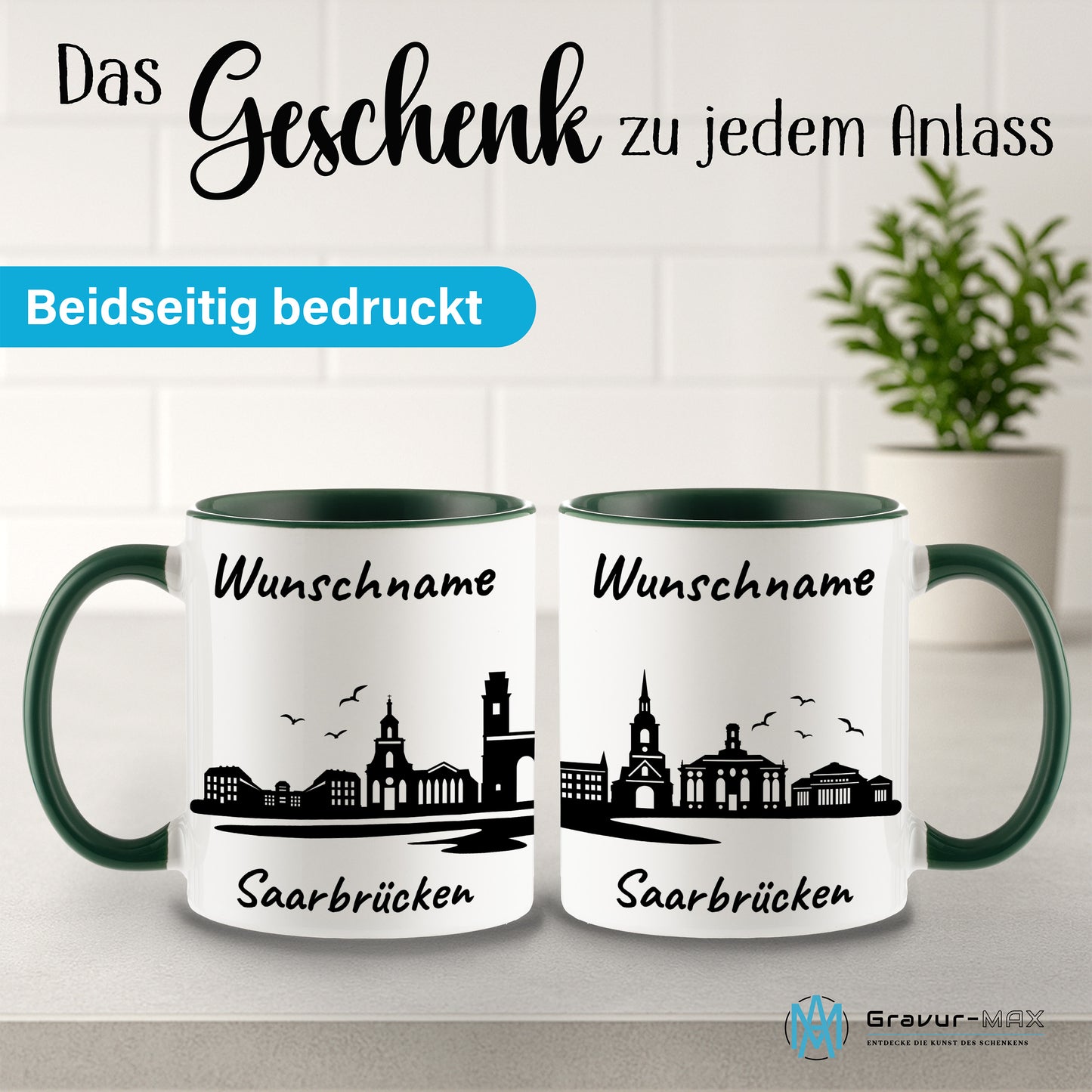 Tasse in Dunkelgrün 330ml bedruckt mit der Skyline von Saarbrücken personalisierbar mit Wunschname