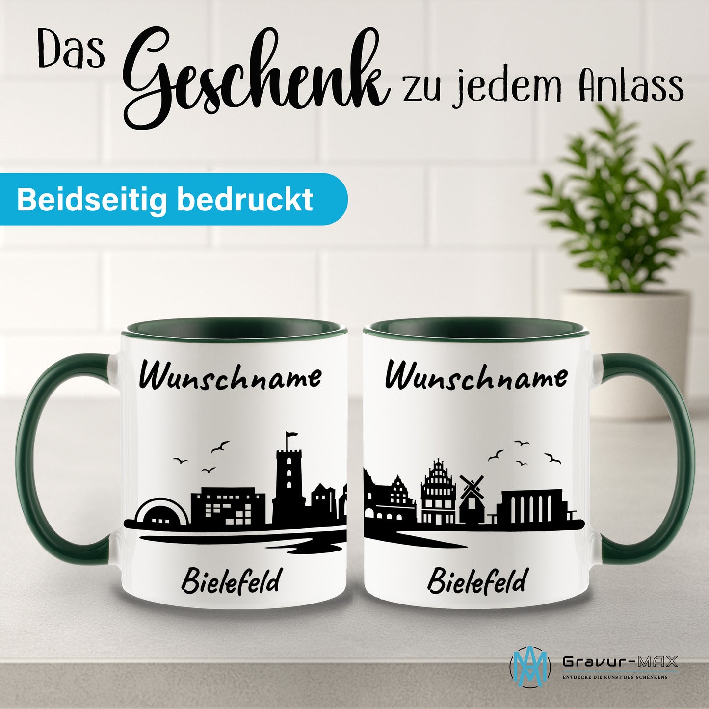 Tasse in Dunkelgrün 330ml bedruckt mit der Skyline von Bielefeld personalisierbar mit Wunschname