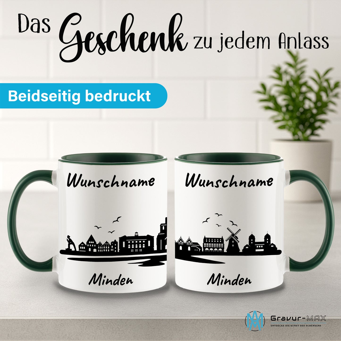 Tasse in Dunkelgrün 330ml bedruckt mit der Skyline von Minden personalisierbar mit Wunschname