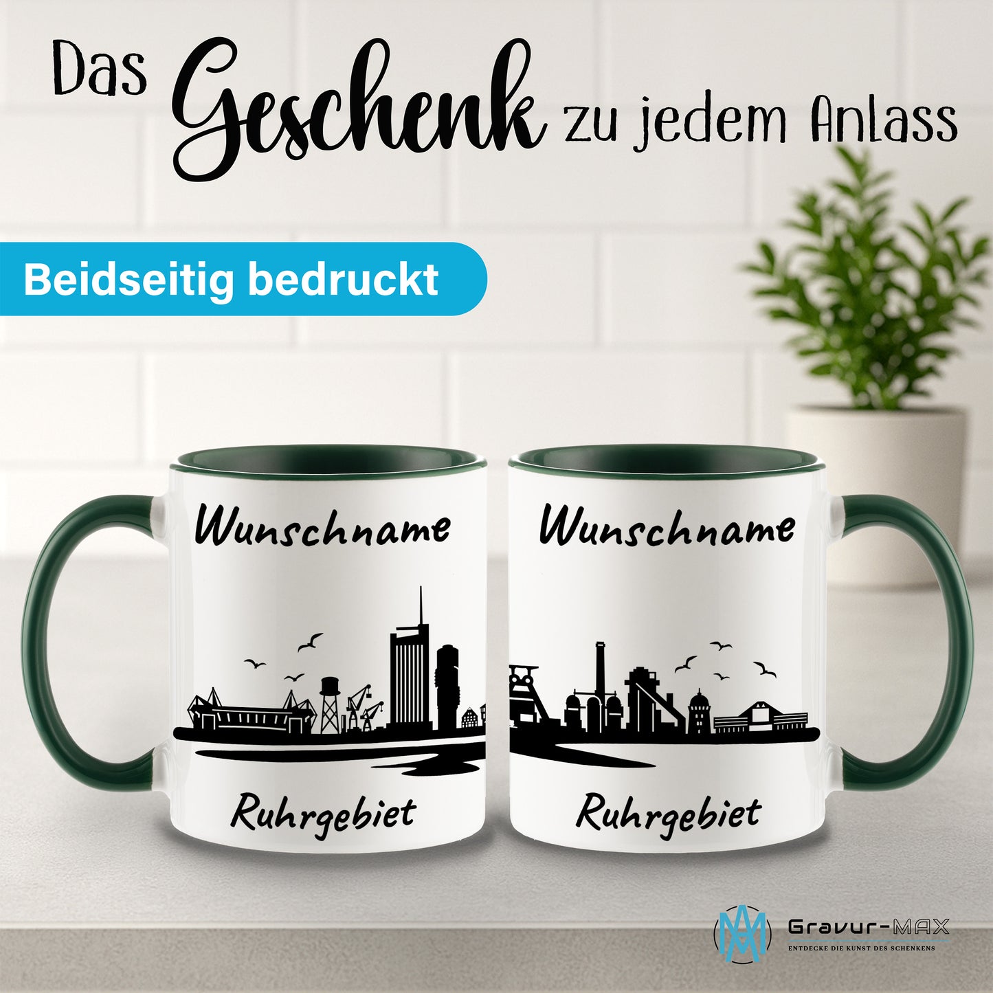 Tasse in Dunkelgrün 330ml bedruckt mit der Skyline von Ruhrgebiet personalisierbar mit Wunschname