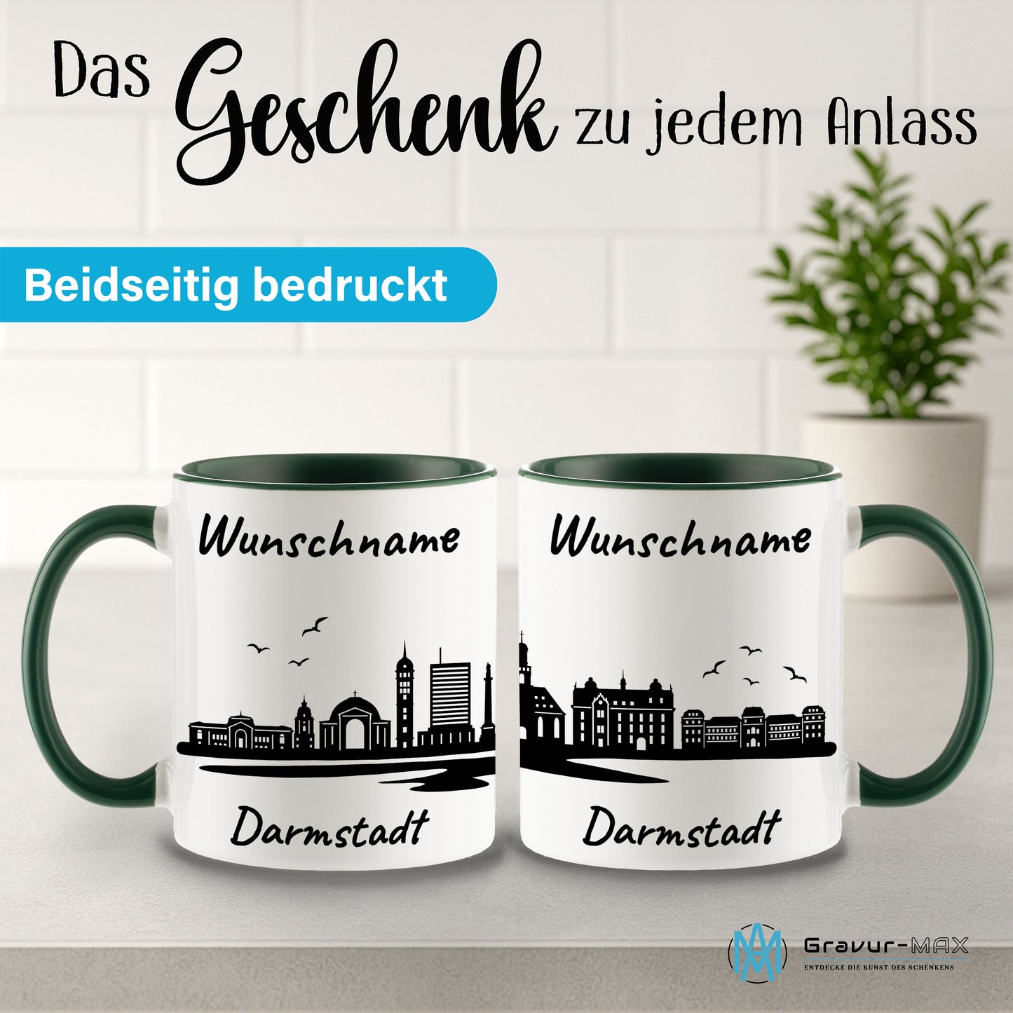 Tasse in Dunkelgrün 330ml bedruckt mit der Skyline von Darmstadt personalisierbar mit Wunschname