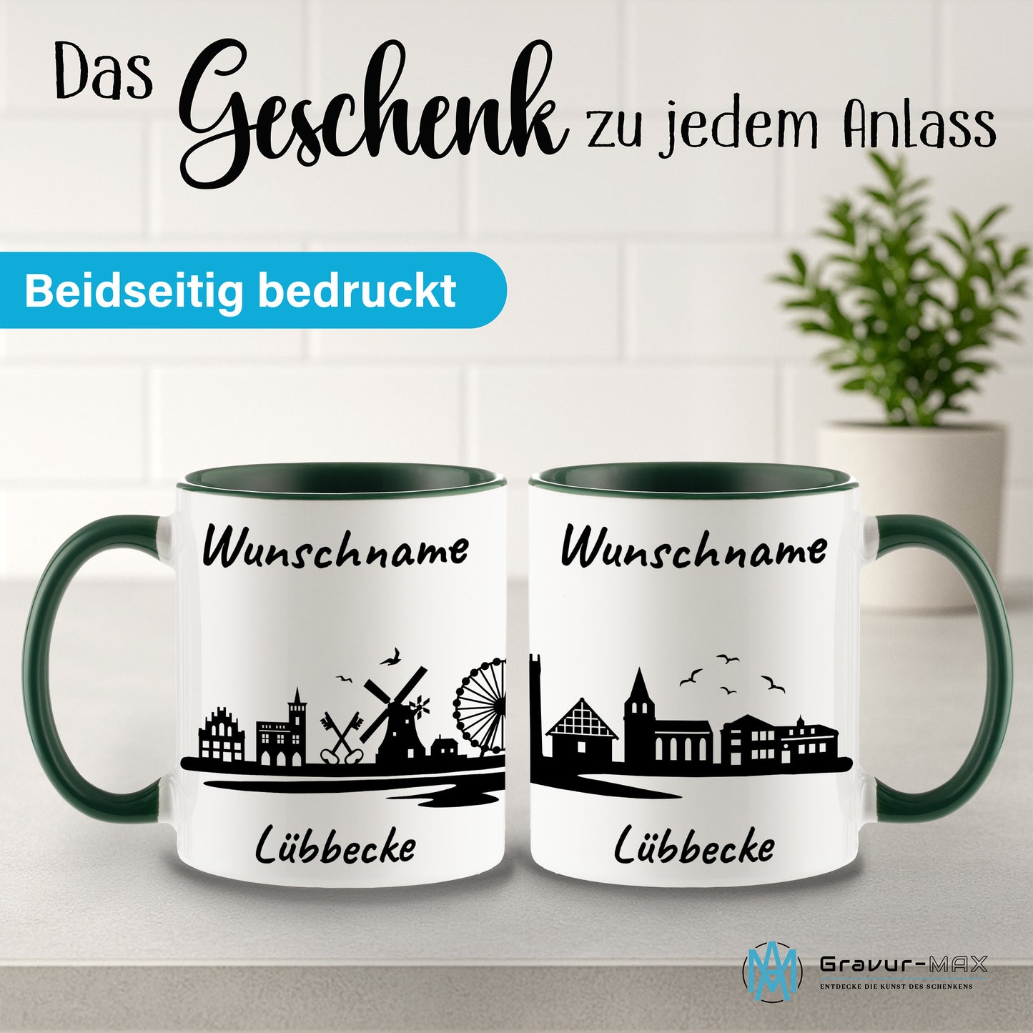 Tasse in Dunkelgrün 330ml bedruckt mit der Skyline von Lübbecke personalisierbar mit Wunschname