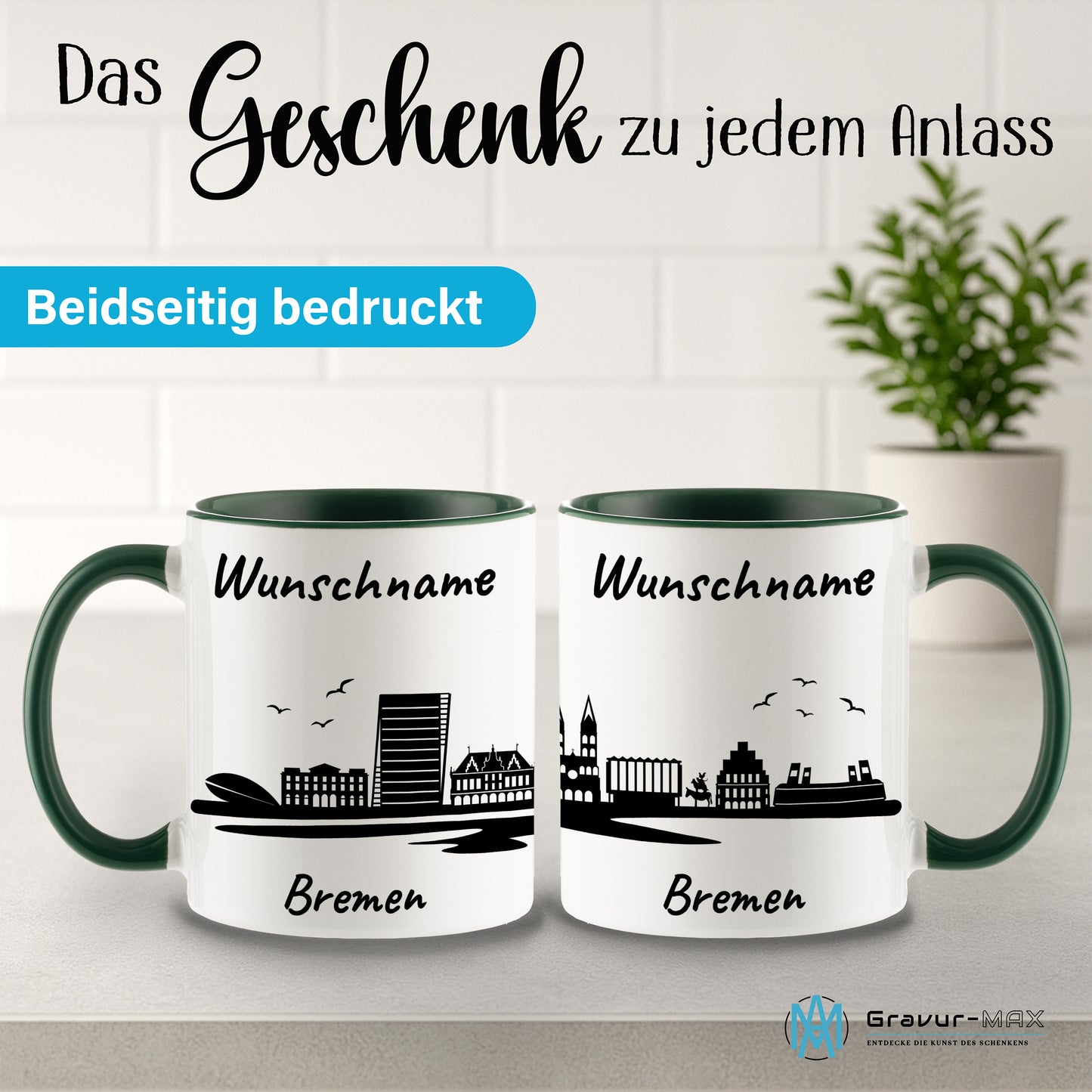 Tasse in Dunkelgrün 330ml bedruckt mit der Skyline von Bremen personalisierbar mit Wunschname