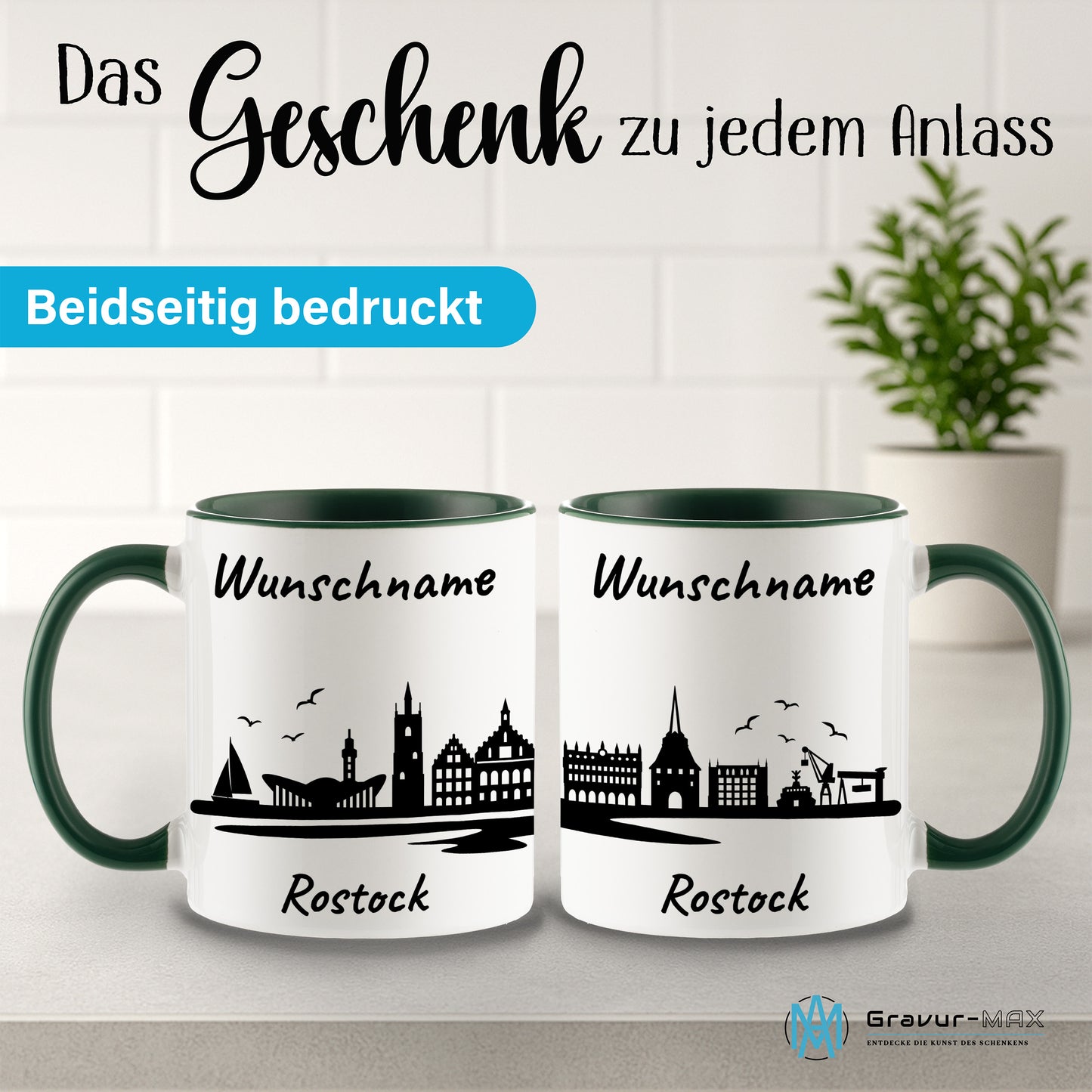 Tasse in Dunkelgrün 330ml bedruckt mit der Skyline von Rostock personalisierbar mit Wunschname