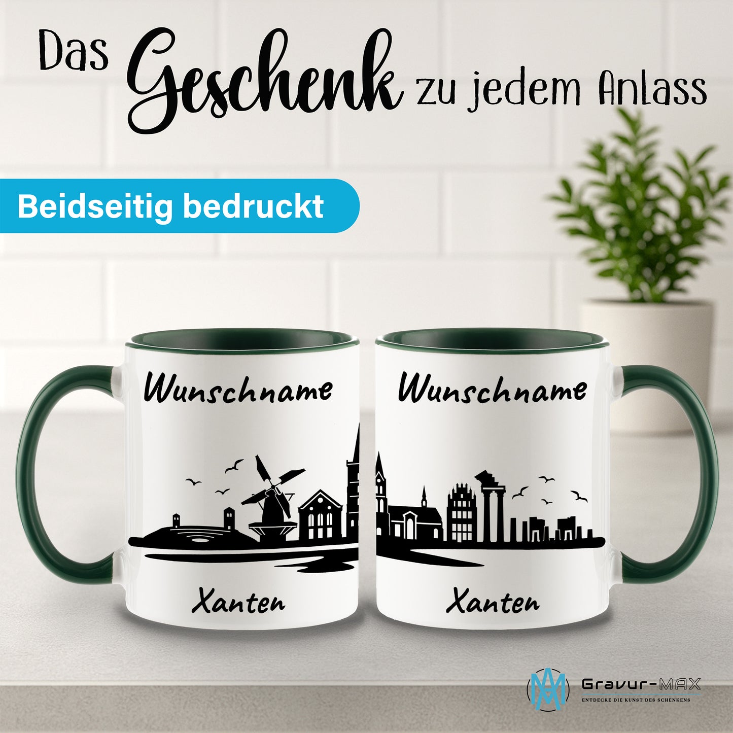 Tasse in Dunkelgrün 330ml bedruckt mit der Skyline von Xanten personalisierbar mit Wunschname