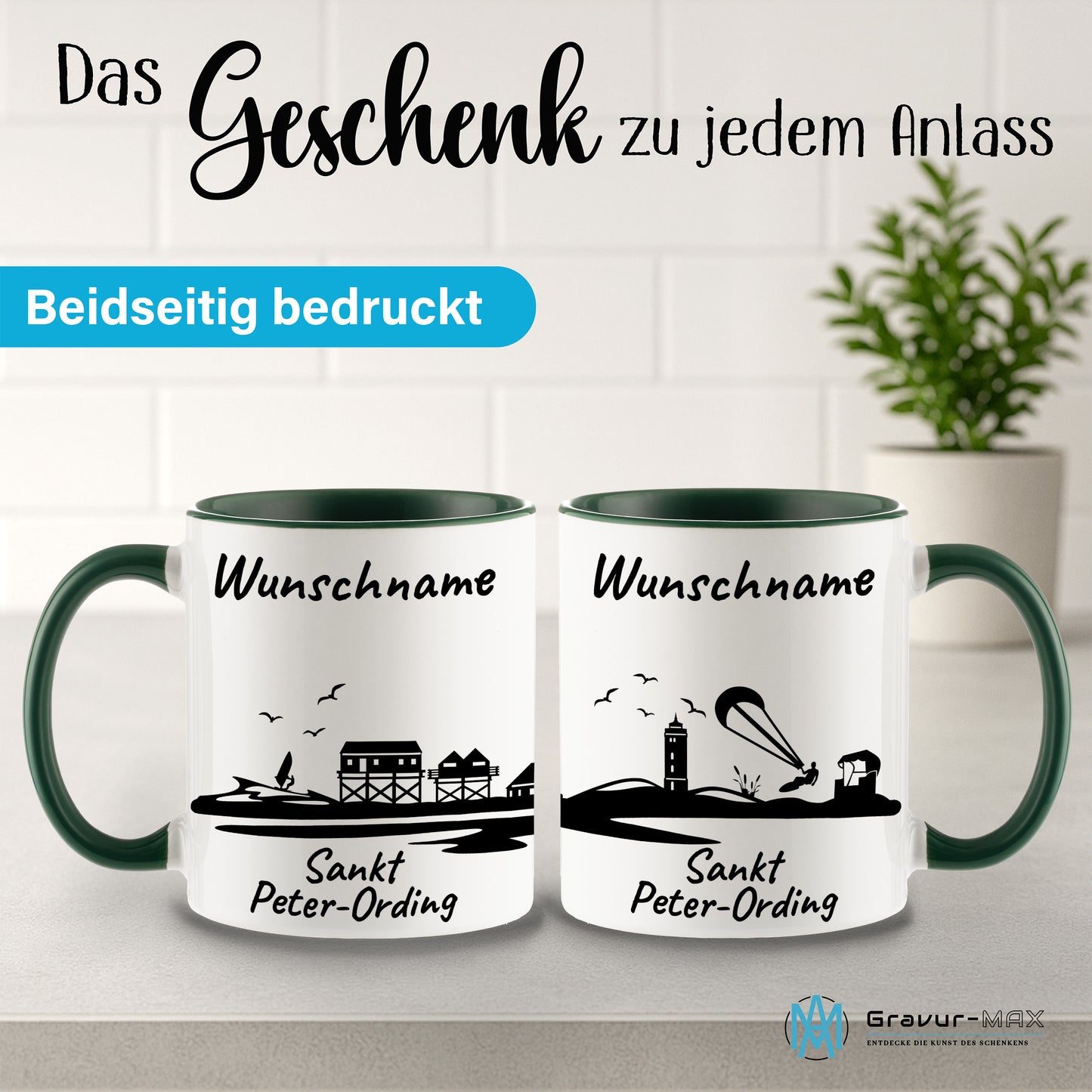 Tasse in Dunkelgrün 330ml bedruckt mit der Skyline von Sankt Peter-Ording personalisierbar mit Wunschname