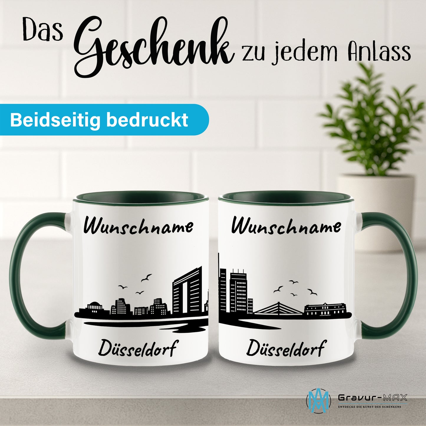 Tasse in Dunkelgrün 330ml bedruckt mit der Skyline von Düsseldorf personalisierbar mit Wunschname