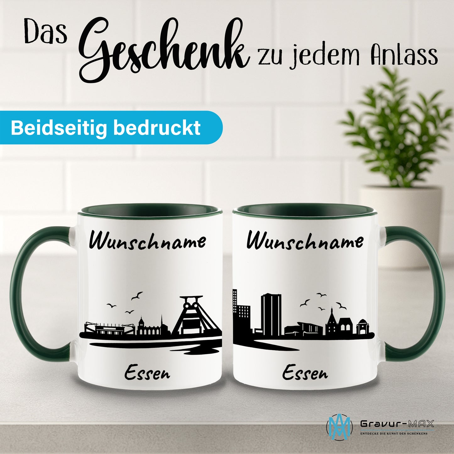 Tasse in Dunkelgrün 330ml bedruckt mit der Skyline von Essen personalisierbar mit Wunschname
