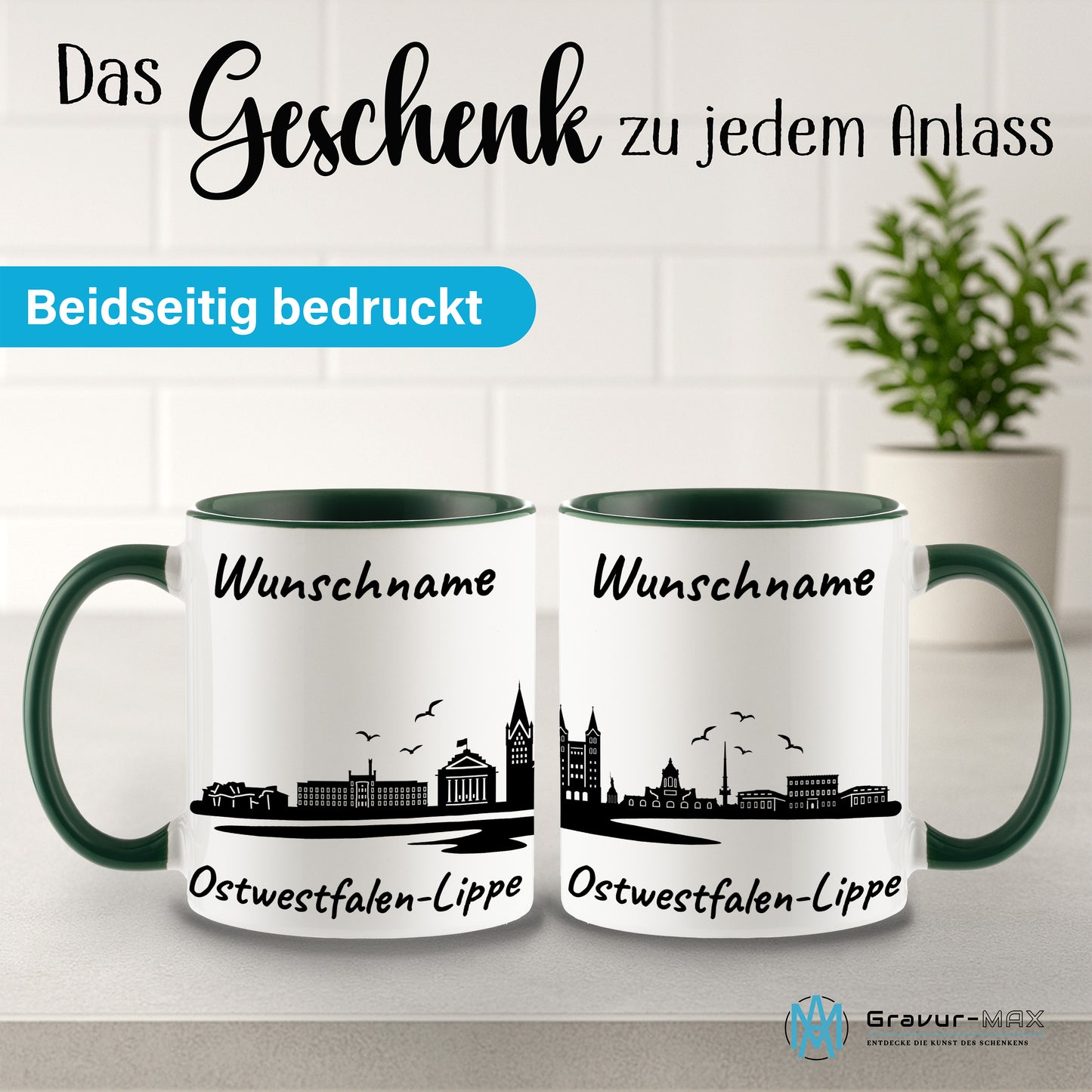 Tasse in Dunkelgrün 330ml bedruckt mit der Skyline von Ostwestfalen-Lippe personalisierbar mit Wunschname