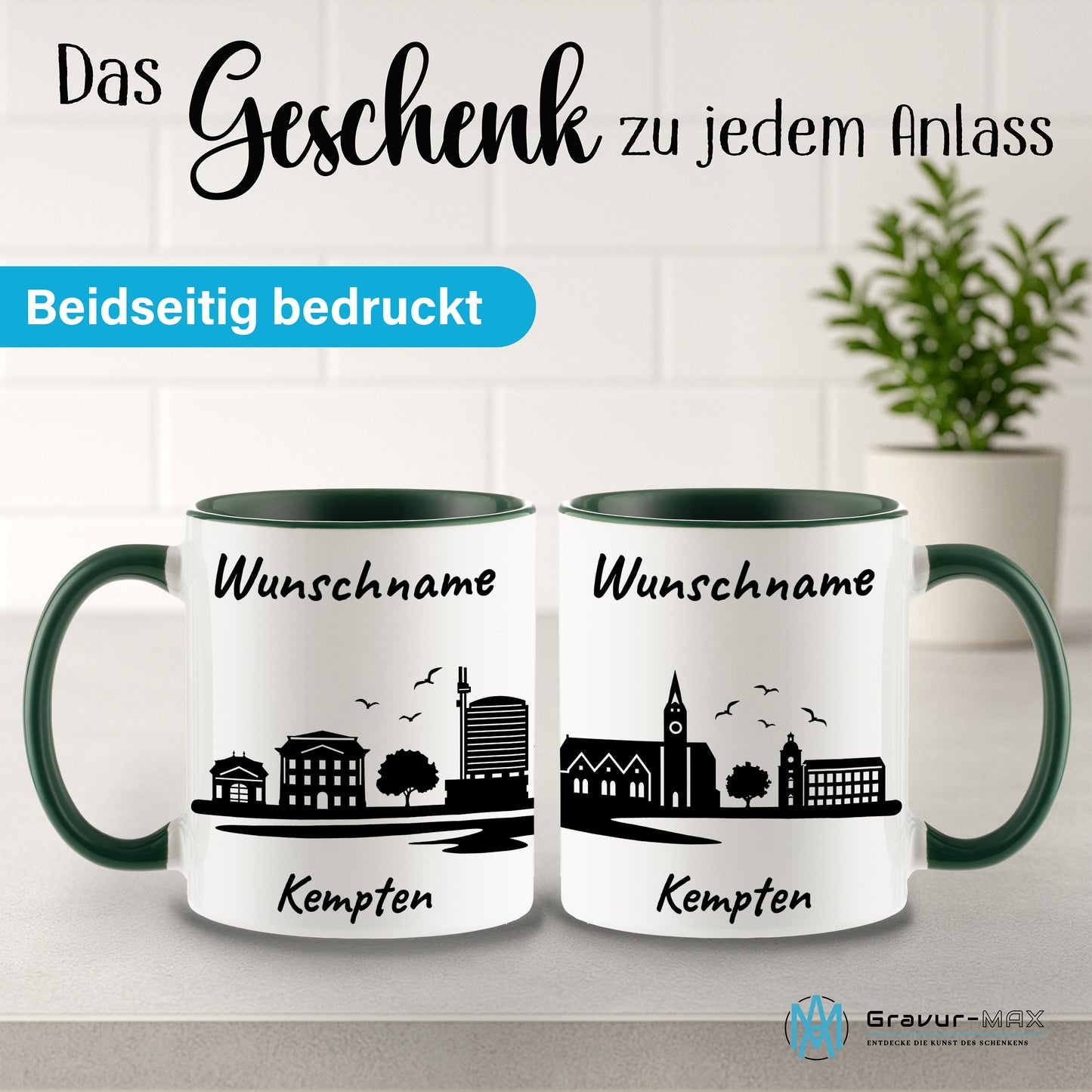 Tasse in Dunkelgrün 330ml bedruckt mit der Skyline von Kempten personalisierbar mit Wunschname