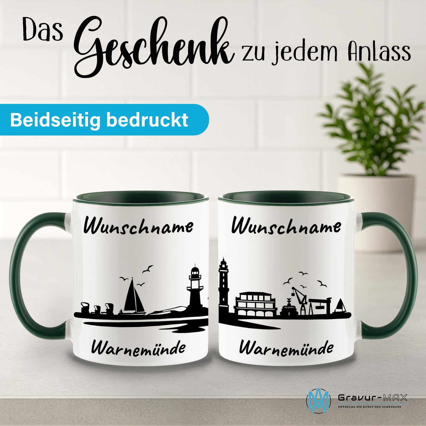 Tasse in Dunkelgrün 330ml bedruckt mit der Skyline von Warnemünde personalisierbar mit Wunschname