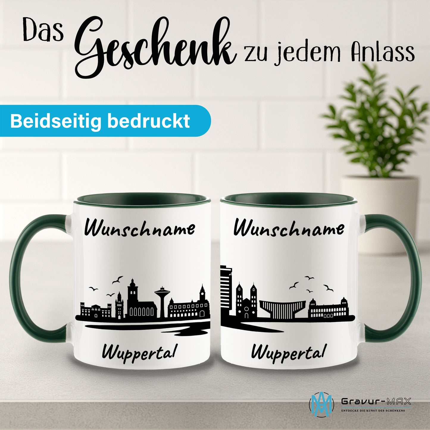Tasse in Dunkelgrün 330ml bedruckt mit der Skyline von Wuppertal personalisierbar mit Wunschname
