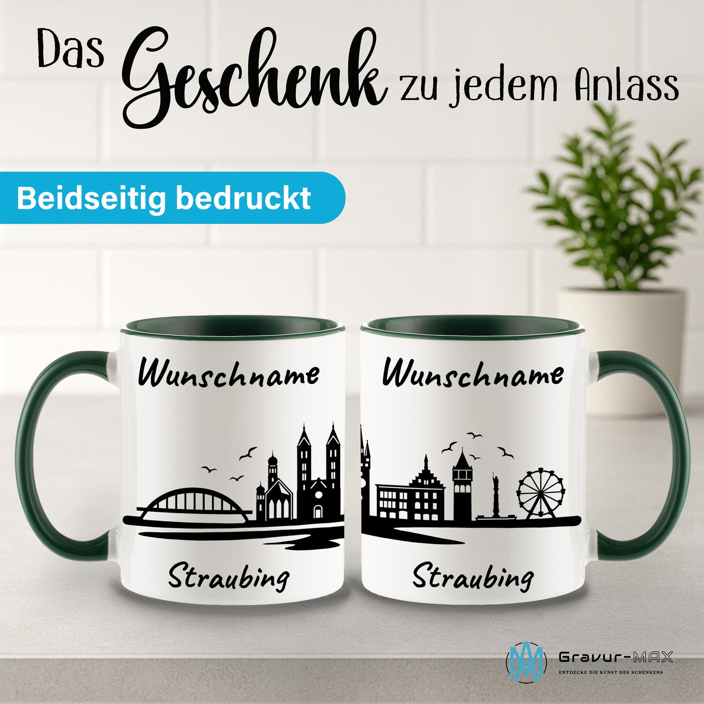 Tasse in Dunkelgrün 330ml bedruckt mit der Skyline von Straubing personalisierbar mit Wunschname