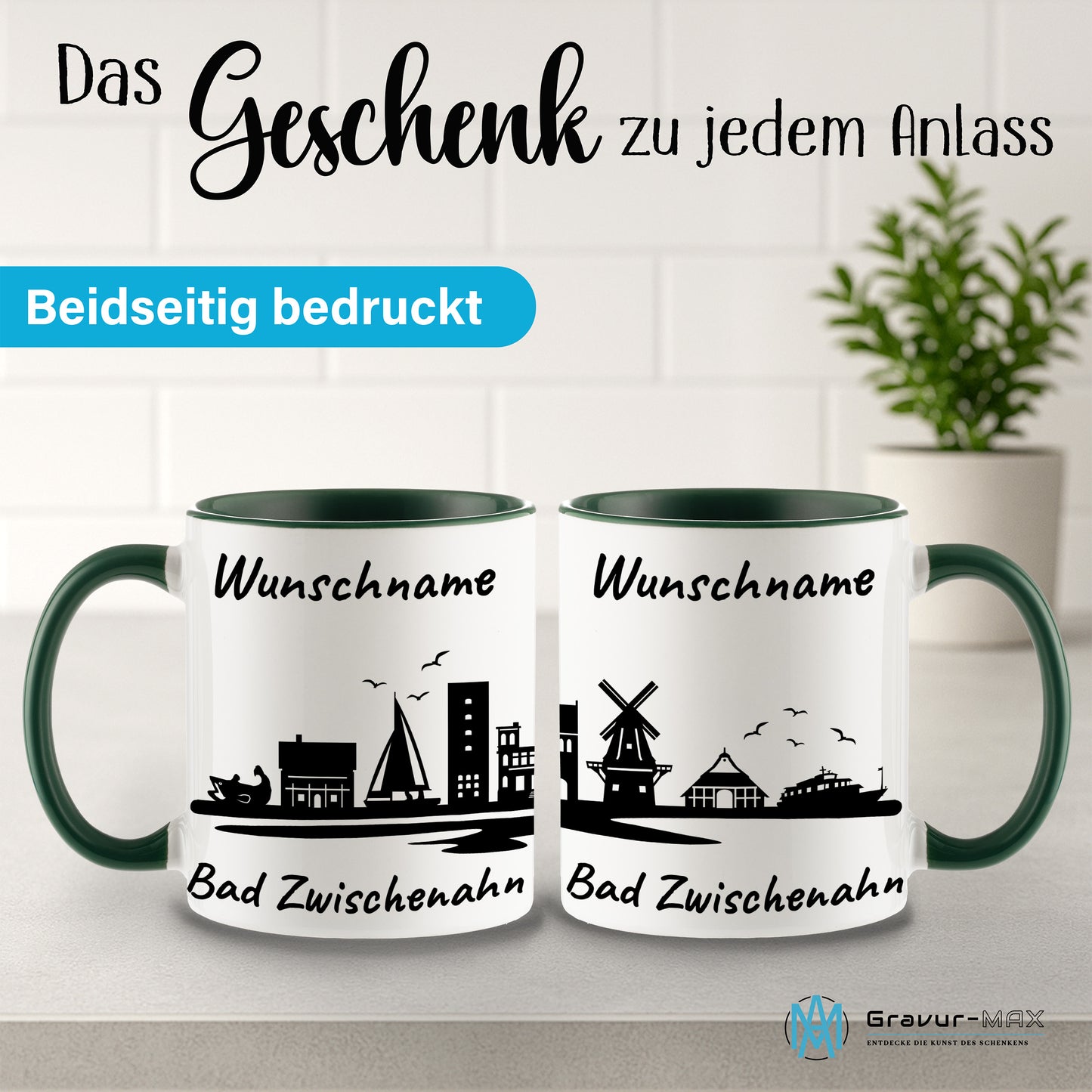 Tasse in Dunkelgrün 330ml bedruckt mit der Skyline von Bad Zwischenahn personalisierbar mit Wunschname