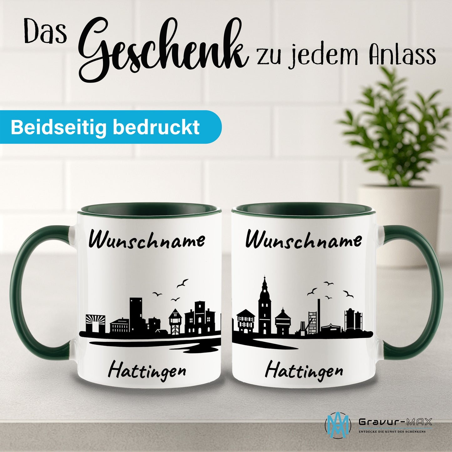 Tasse in Dunkelgrün 330ml bedruckt mit der Skyline von Hattingen personalisierbar mit Wunschname