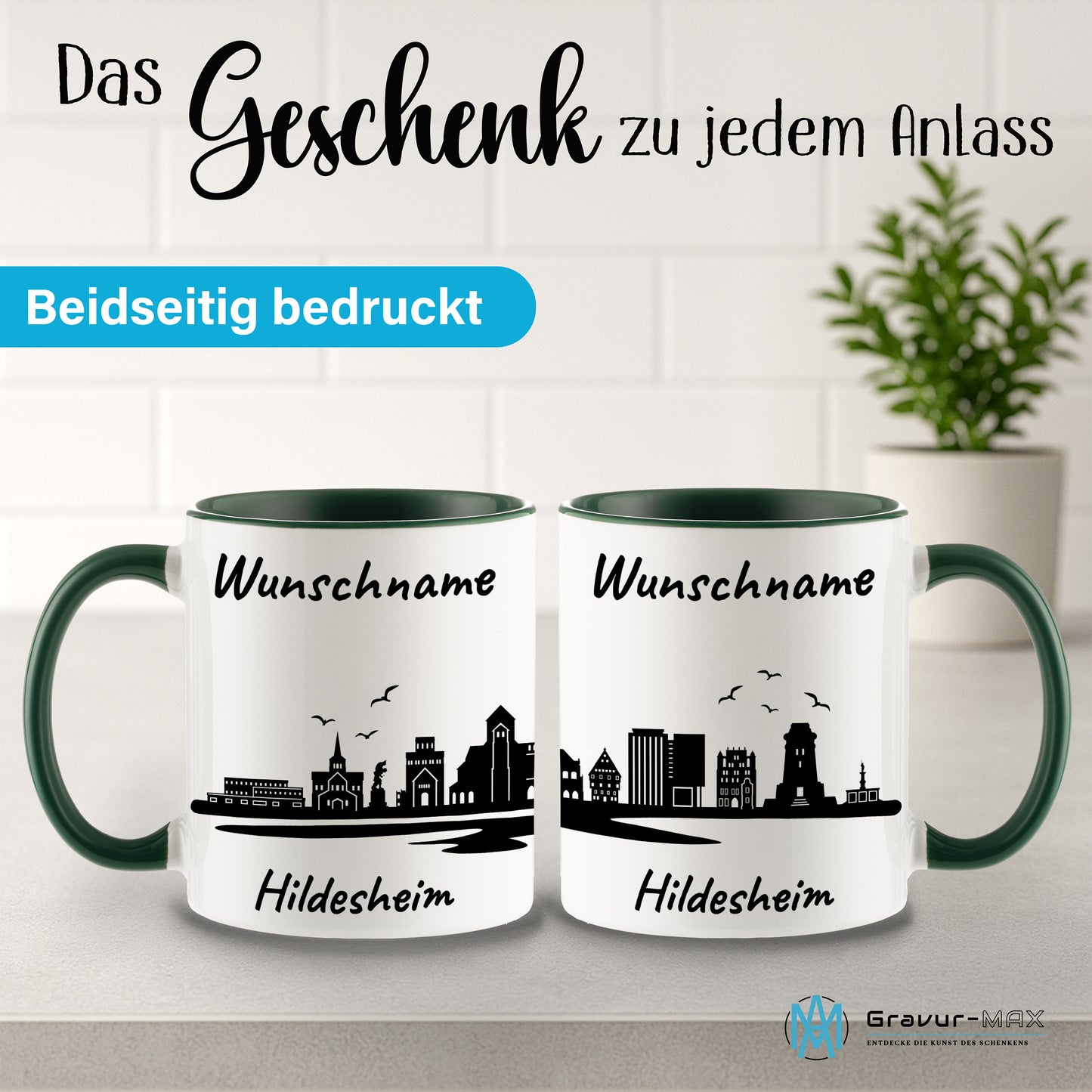 Tasse in Dunkelgrün 330ml bedruckt mit der Skyline von Hildesheim personalisierbar mit Wunschname