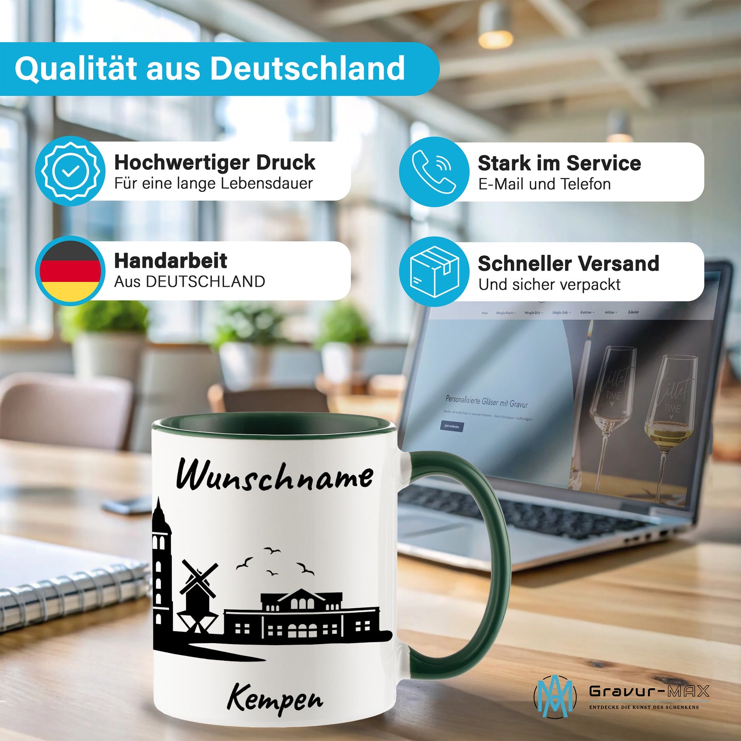 Tasse in Dunkelgrün 330ml bedruckt mit der Skyline von Kempen personalisierbar mit Wunschname