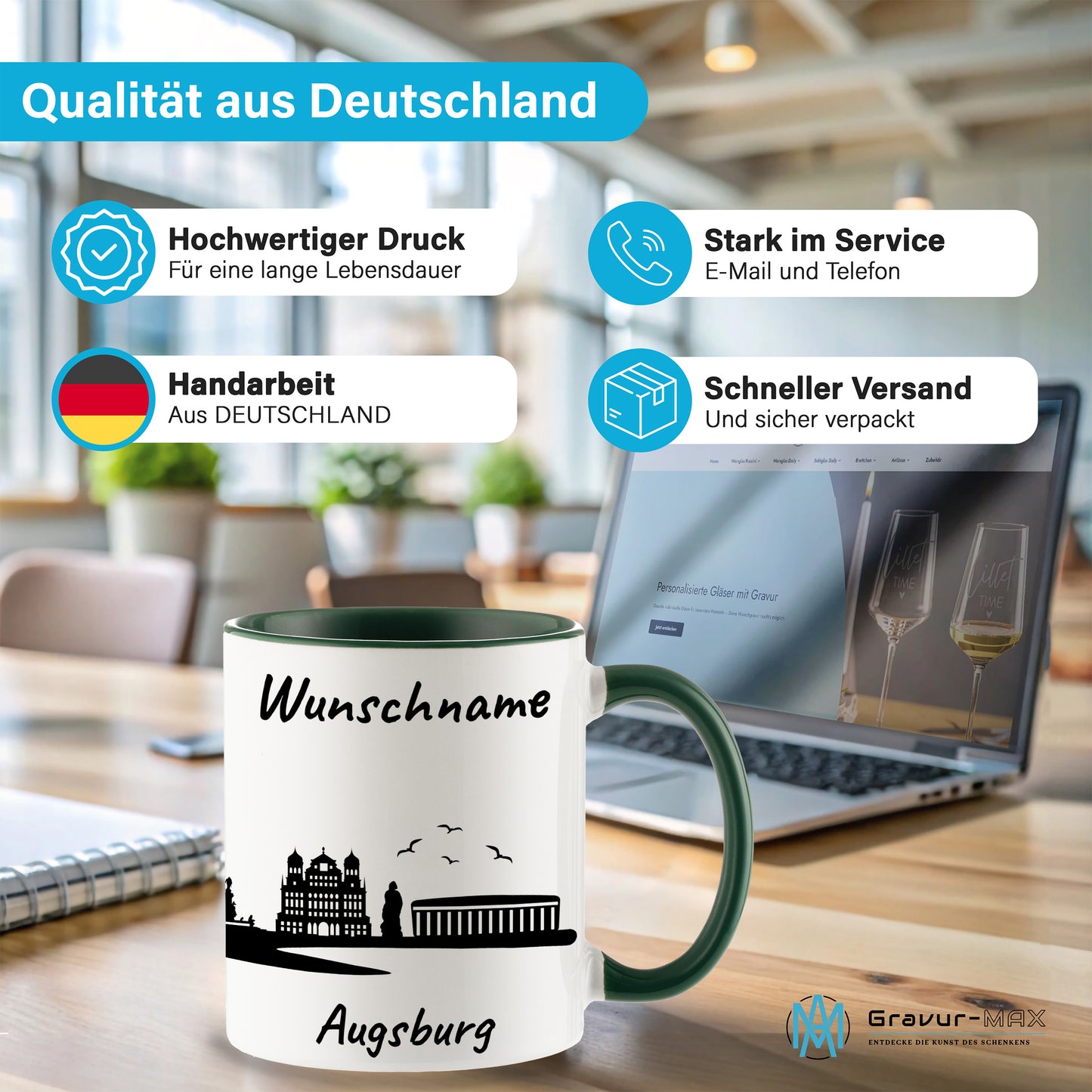 Tasse in Dunkelgrün 330ml bedruckt mit der Skyline von Augsburg personalisierbar mit Wunschname