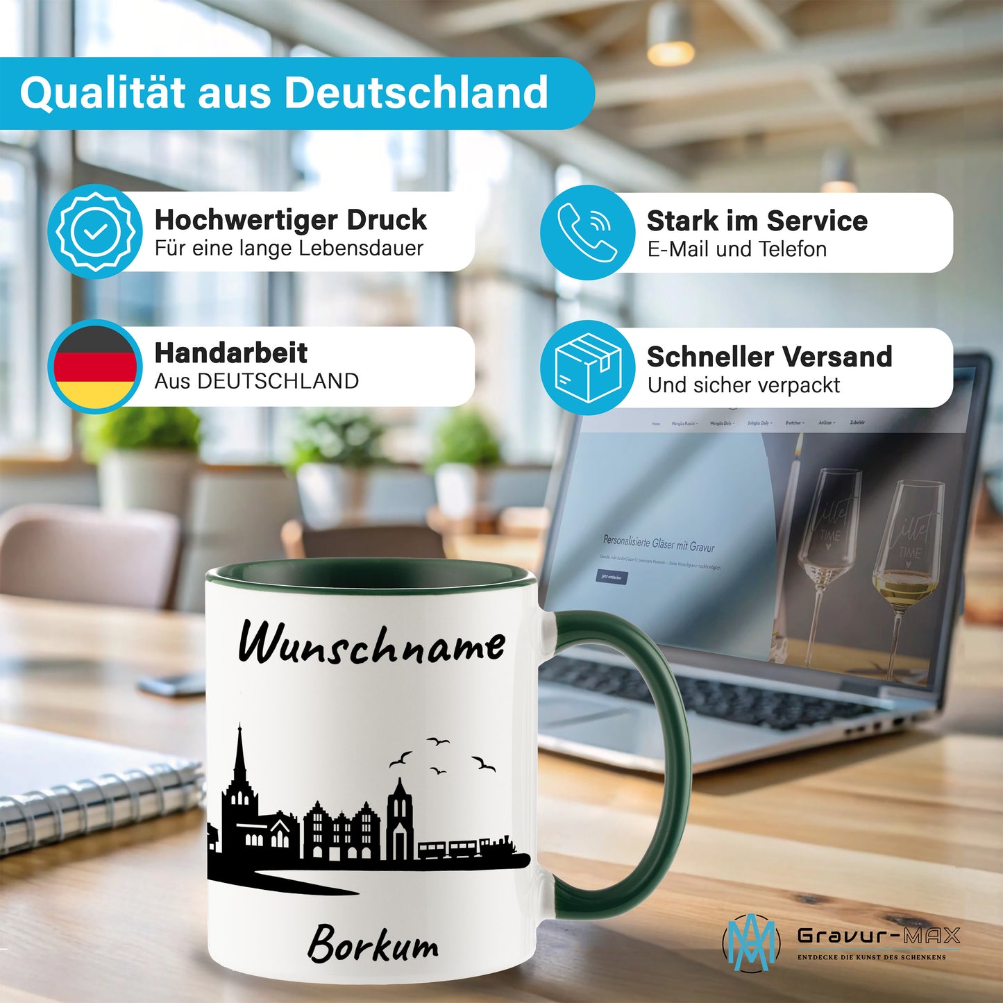 Tasse in Dunkelgrün 330ml bedruckt mit der Skyline von Borkum personalisierbar mit Wunschname