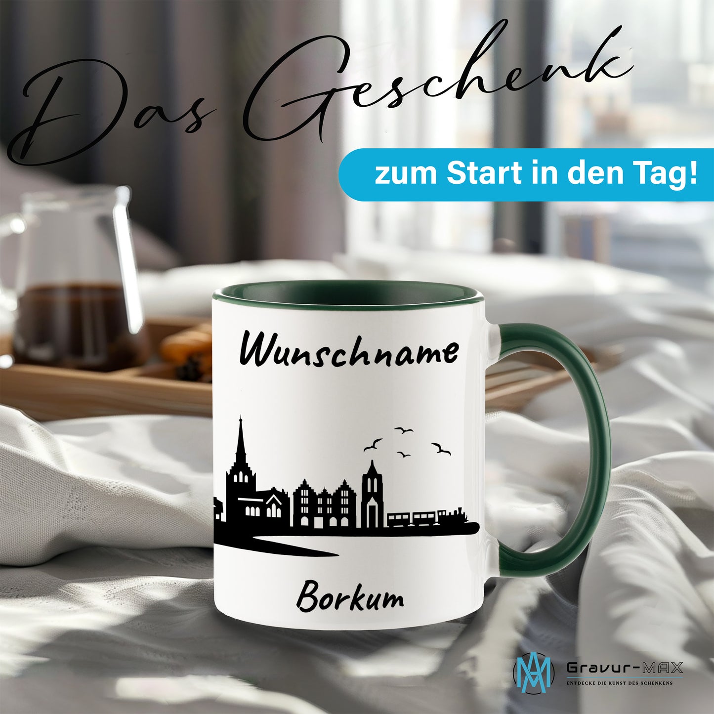 Tasse in Dunkelgrün 330ml bedruckt mit der Skyline von Borkum personalisierbar mit Wunschname