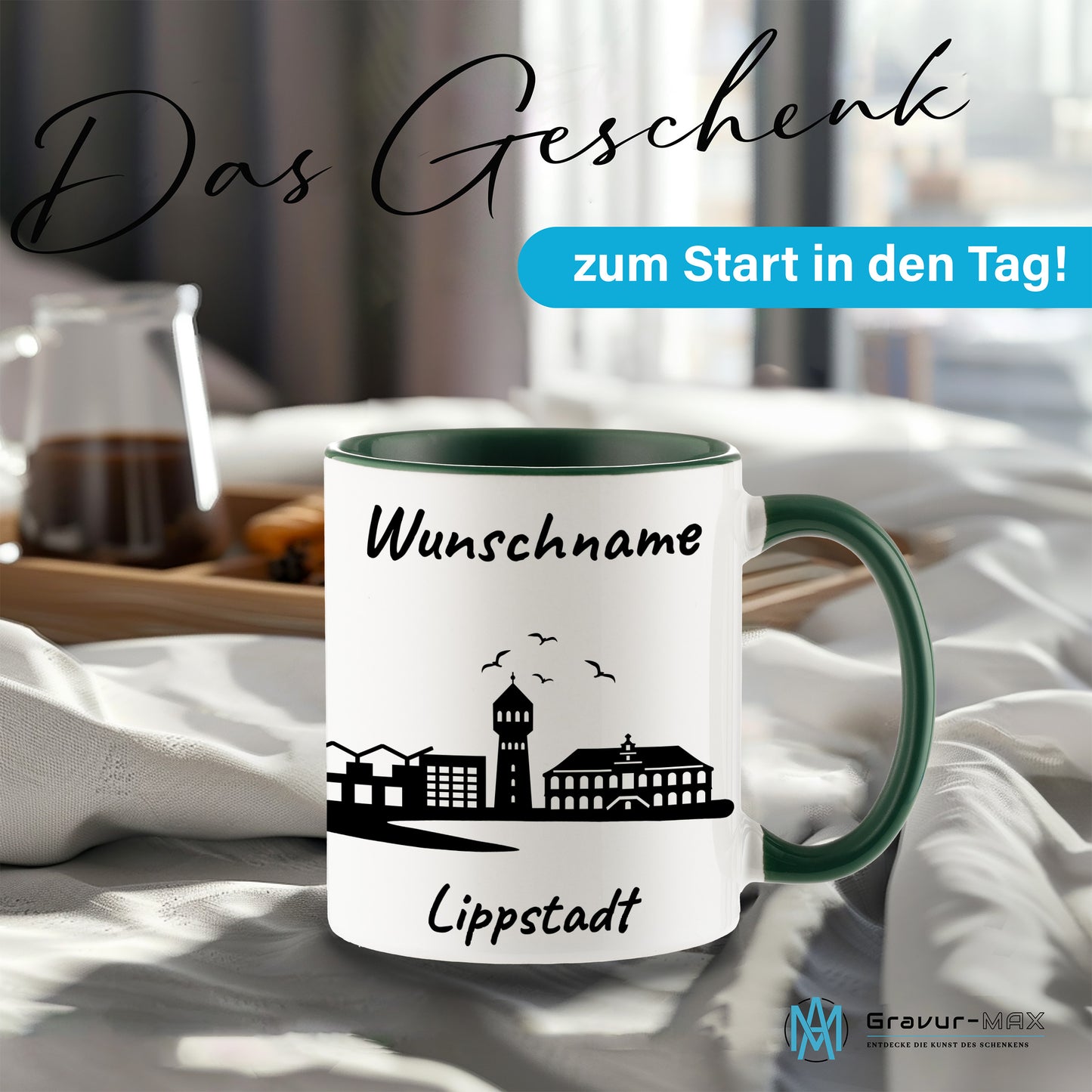 Tasse in Dunkelgrün 330ml bedruckt mit der Skyline von Lippstadt personalisierbar mit Wunschname